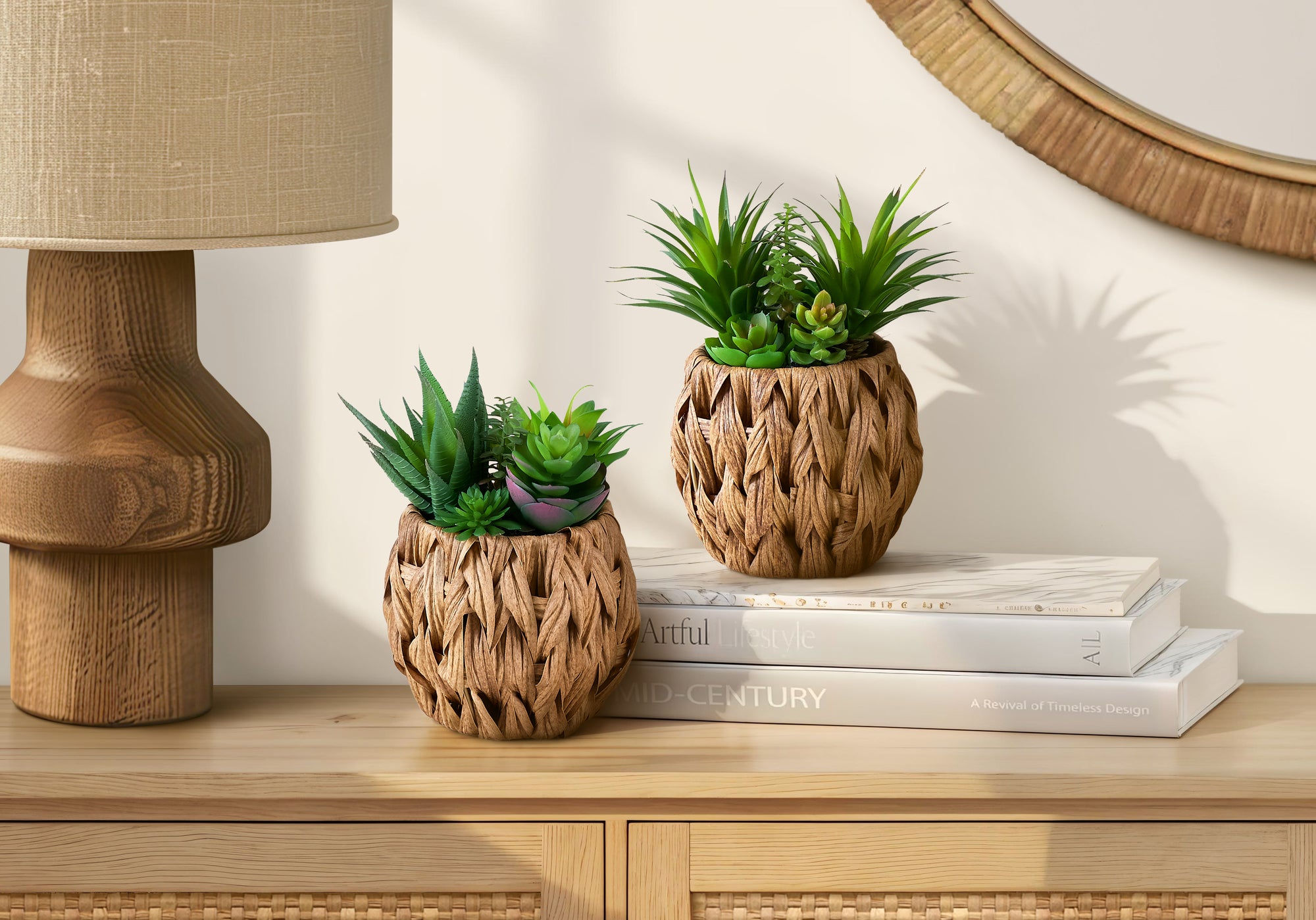 MN-F999369    Artificial Plant, Set Of 2, 9" Tall, Succulent, Table, Brown Woven Basket, Contemporary, Modern