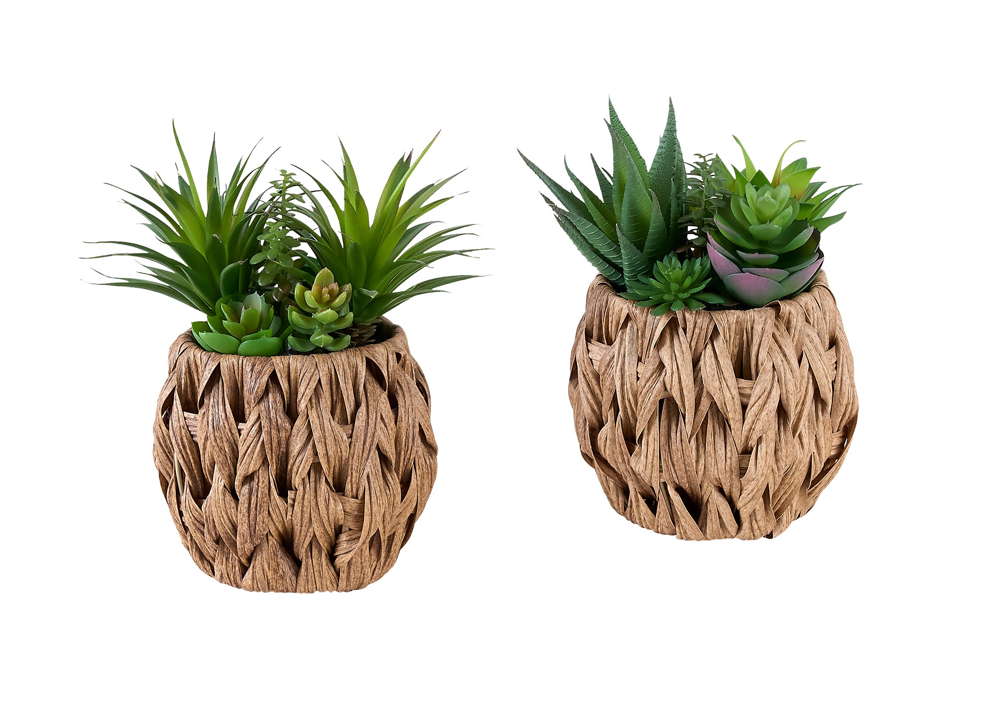 MN-F999369    Artificial Plant, Set Of 2, 9" Tall, Succulent, Table, Brown Woven Basket, Contemporary, Modern