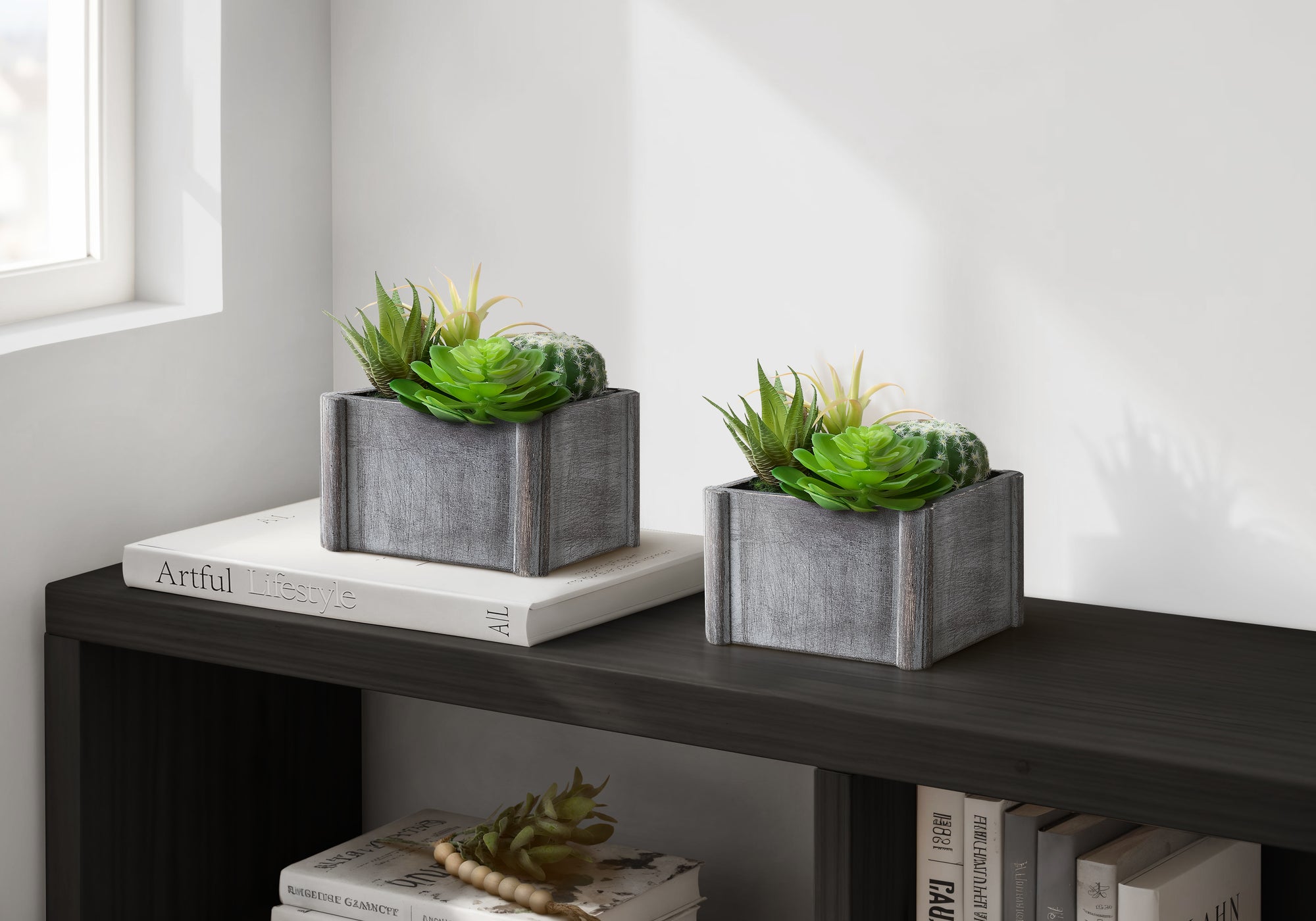 MN-F109370    Artificial Plant, Set Of 2, 8" Tall, Succulent, Table, Grey Wooden Pots, Contemporary, Modern