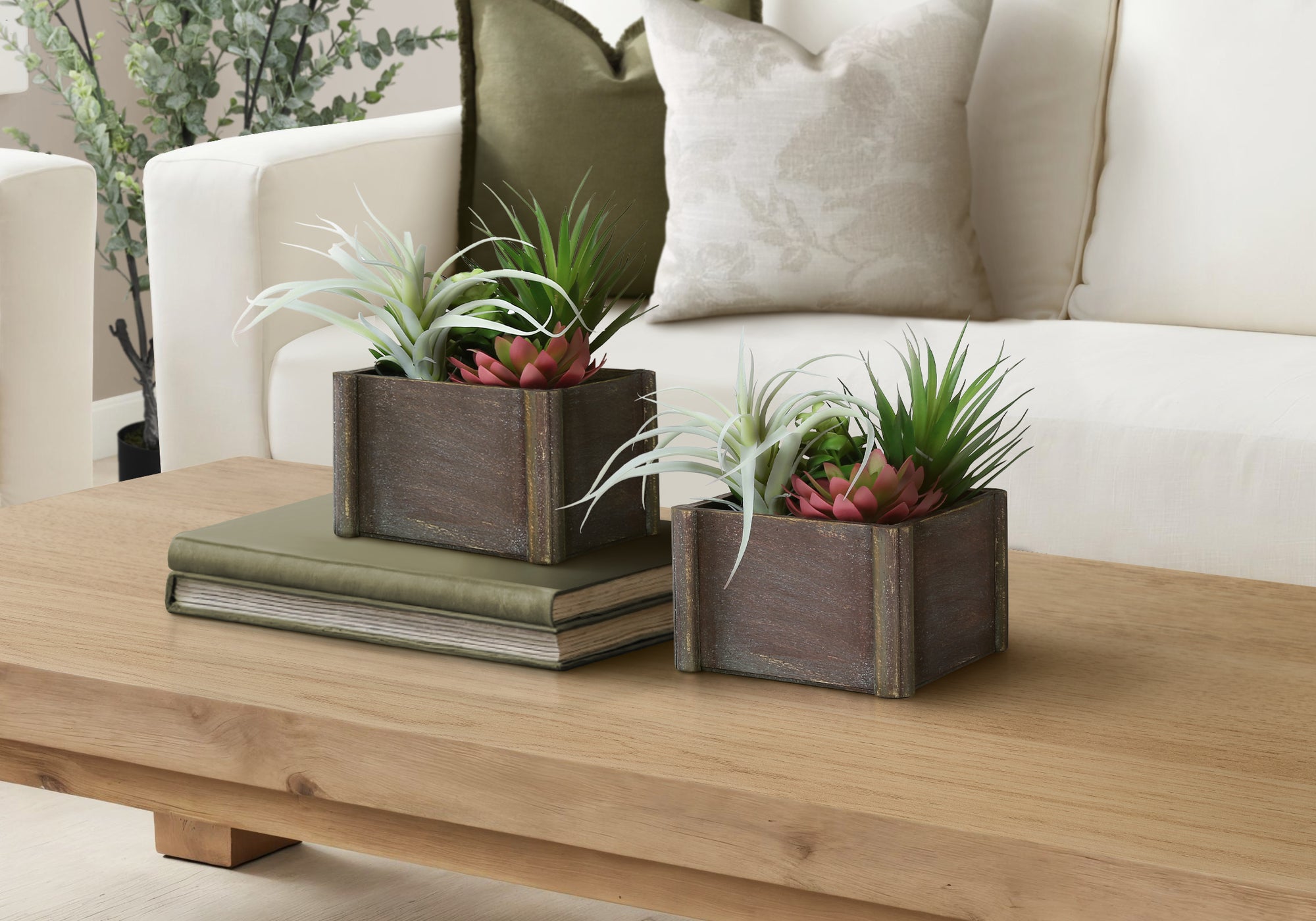 MN-119371    Artificial Plant, Set Of 2, 10" Tall, Succulent, Table, Brown Wooden Pots, Contemporary, Modern