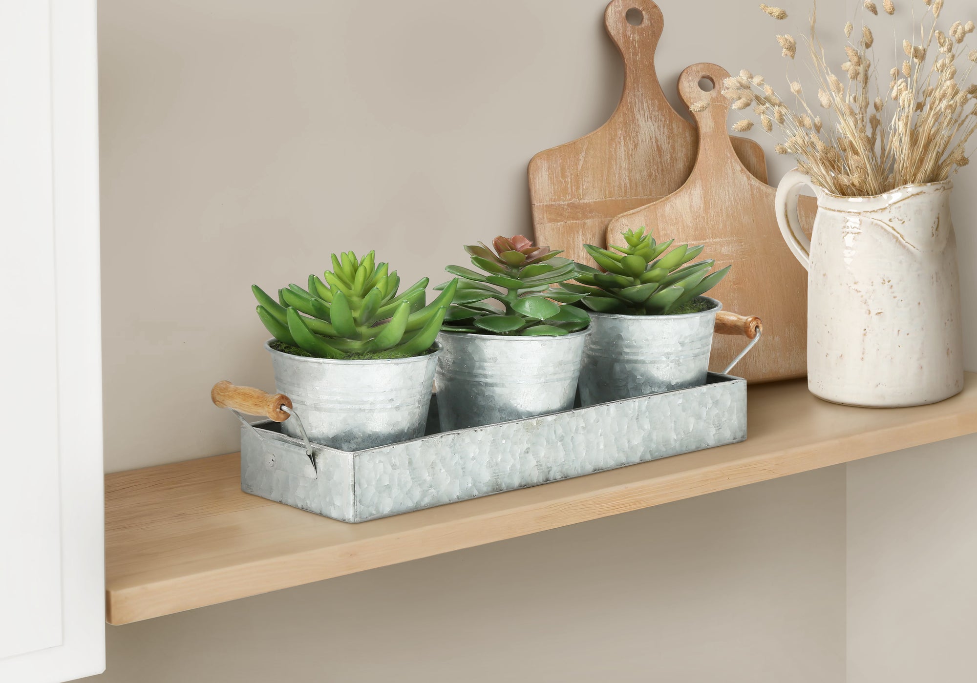 MN-D129372    Artificial Plant, Set Of 3, 6" Tall, Succulent, Table, Silver Metal Pots, Contemporary, Modern