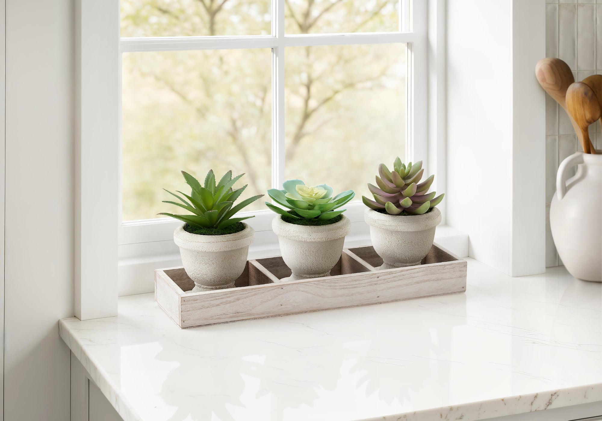 MN-139373    Artificial Plant, Set Of 3, 6" Tall, Succulent, Table, Beige Pots, Contemporary, Modern