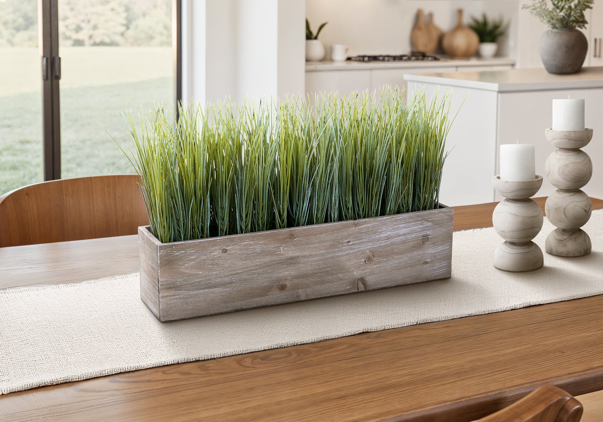 MN-B149374    Artificial Plant, 12" Tall, Grass, Table, Brown Wood Pot, Contemporary, Modern