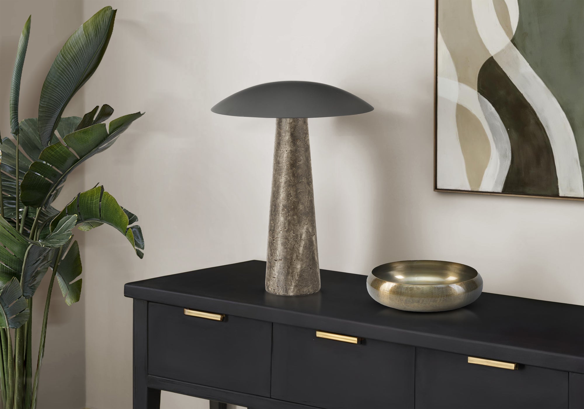 MN-539400    Lighting, 15"h, Led, Table Lamp, Grey Resin, Black Metal, Contemporary