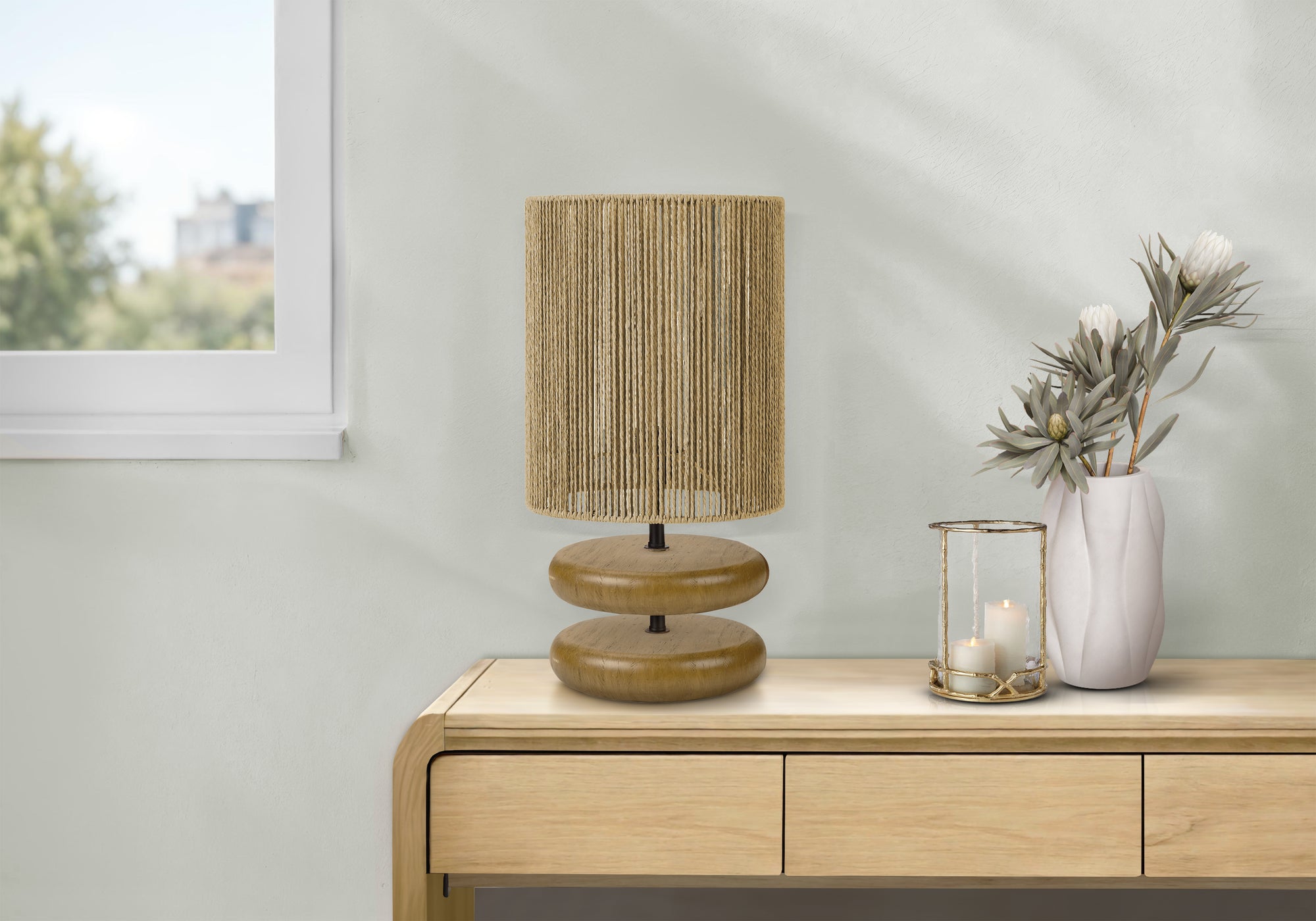 MN-609412    Lighting, 19"h, Table Lamp, Light Brown Resin, Beige Rope Shade, Contemporary