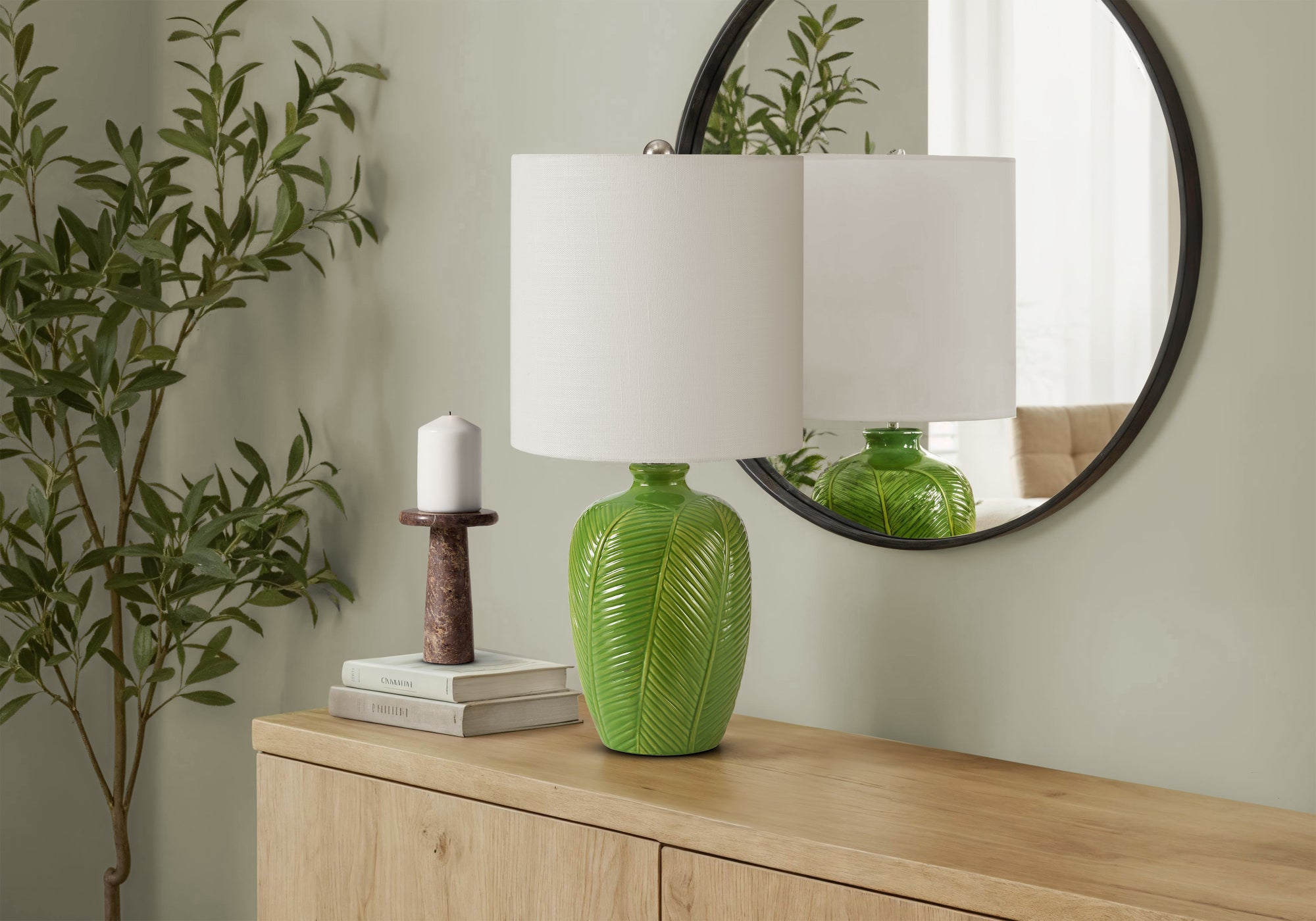 MN-619413    Lighting, 19"h, Table Lamp, Green Ceramic, White Shade, Contemporary