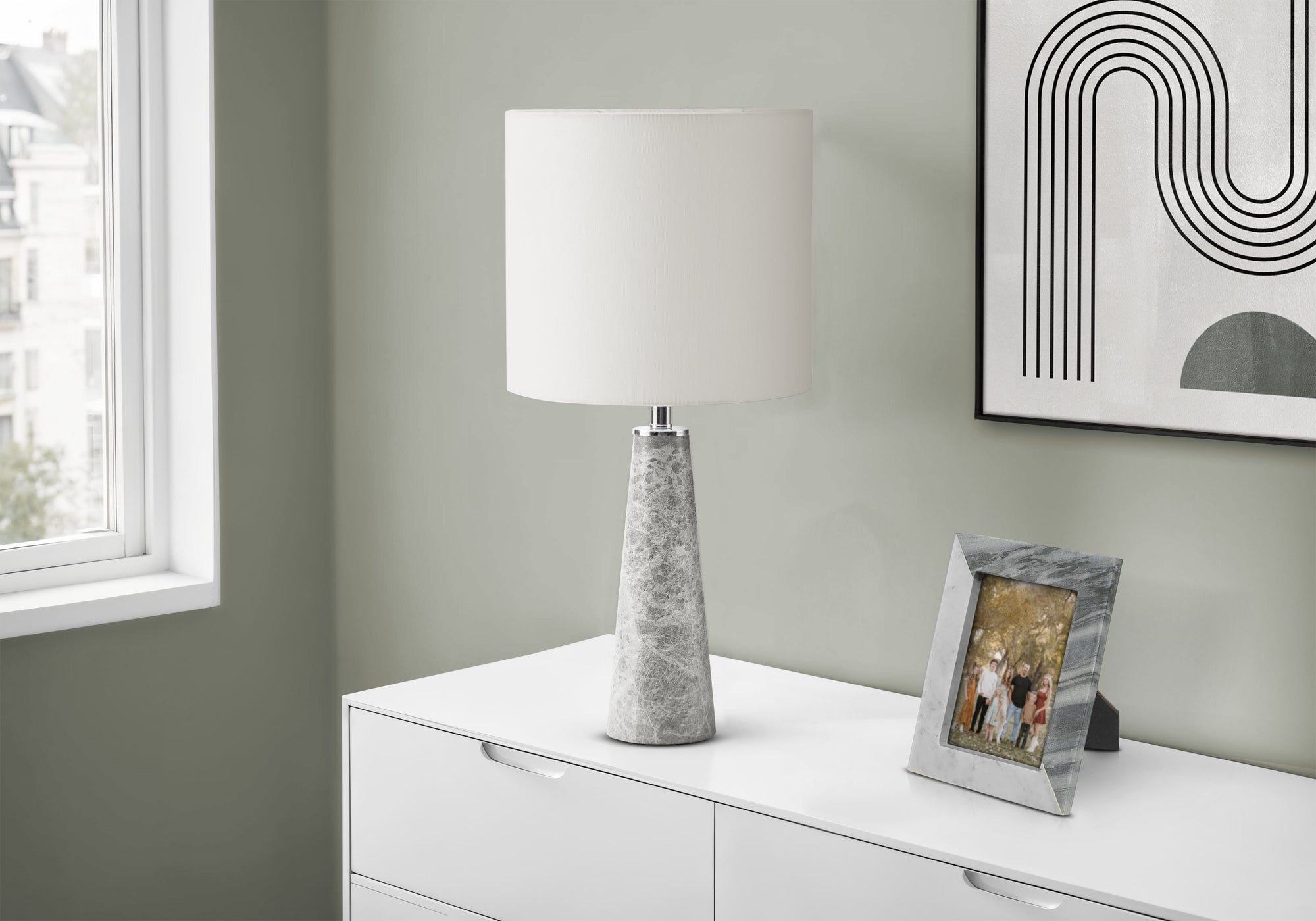 MN-629414    Lighting, 22"h, Table Lamp, Grey Marble, White Shade, Contemporary