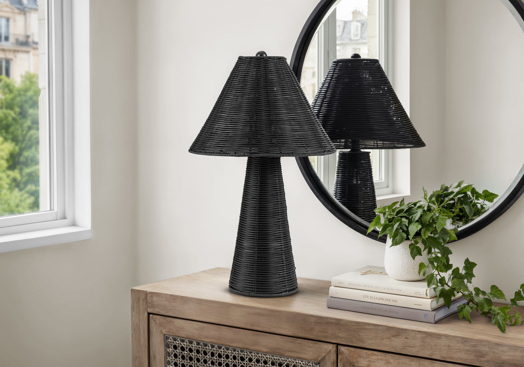 MN-639415    Lighting, 21"h, Table Lamp, Black Rattan, Contemporary