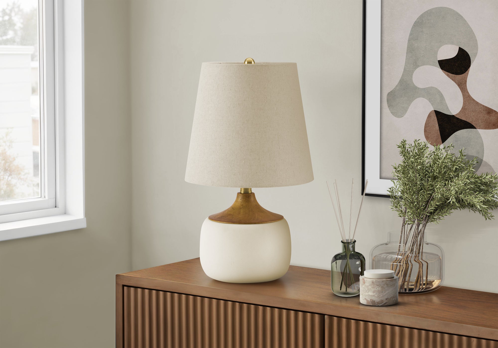 MN-659419    Lighting, 19"h, Table Lamp, Beige Ceramic, Beige Shade, Contemporary