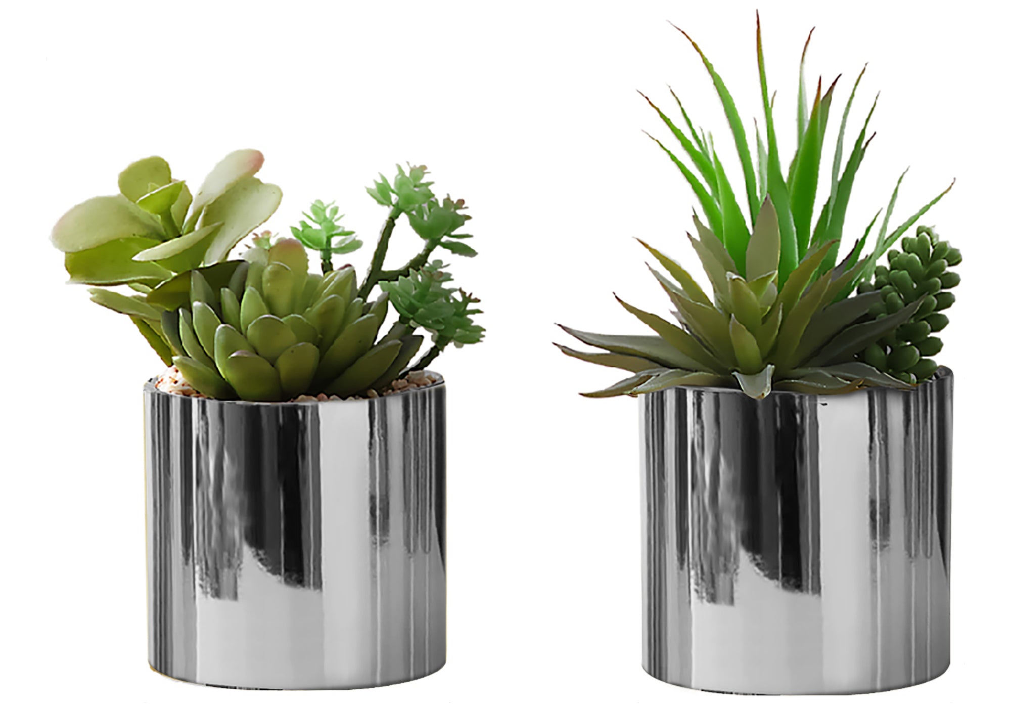 MN-P589550    Artificial Plant, 7" Tall, Succulent, Indoor, Faux, Fake, Table, Greenery, Potted, Set Of 2, Decorative, Green Plants, Chrome Pots