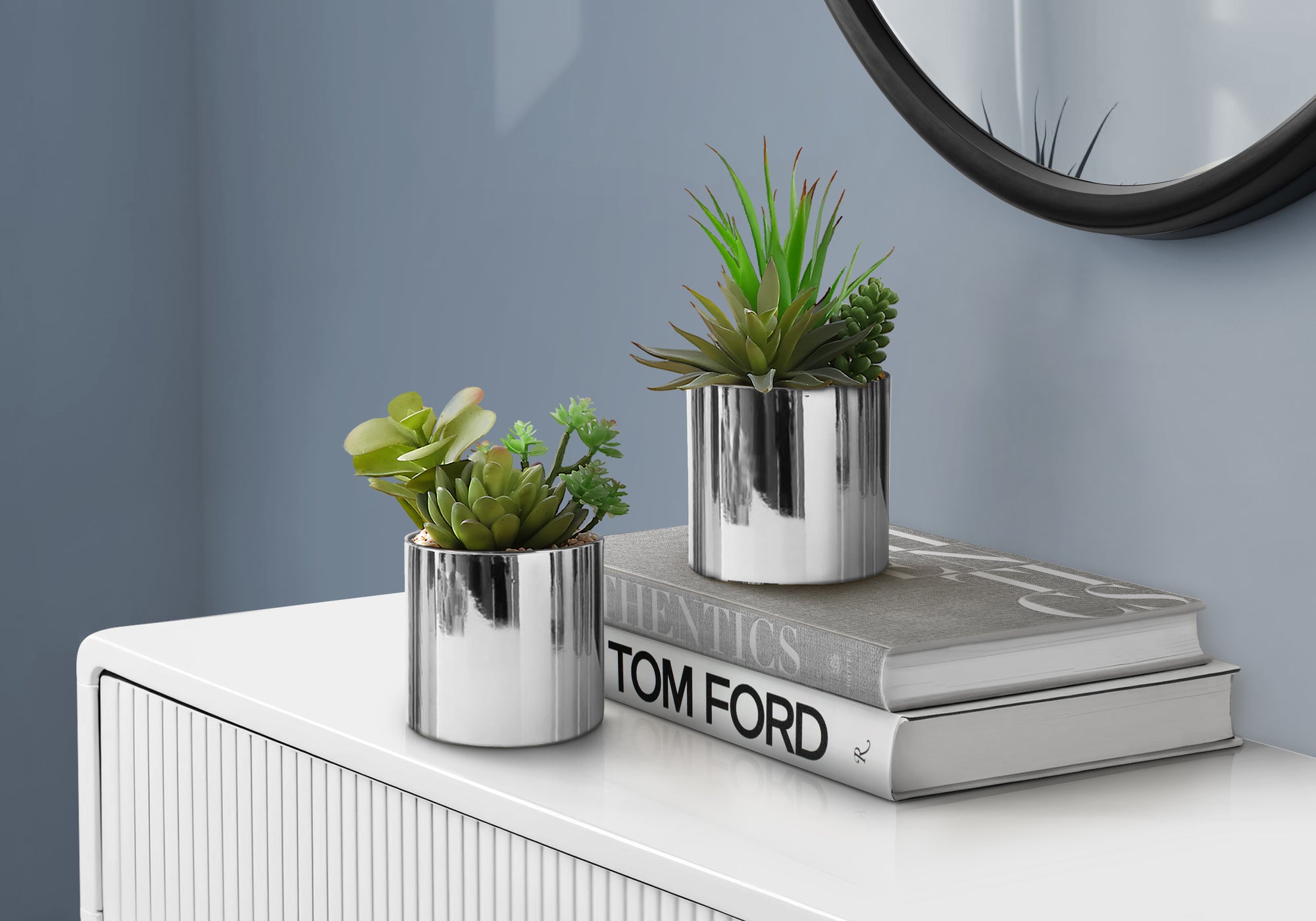 MN-P589550    Artificial Plant, 7" Tall, Succulent, Indoor, Faux, Fake, Table, Greenery, Potted, Set Of 2, Decorative, Green Plants, Chrome Pots