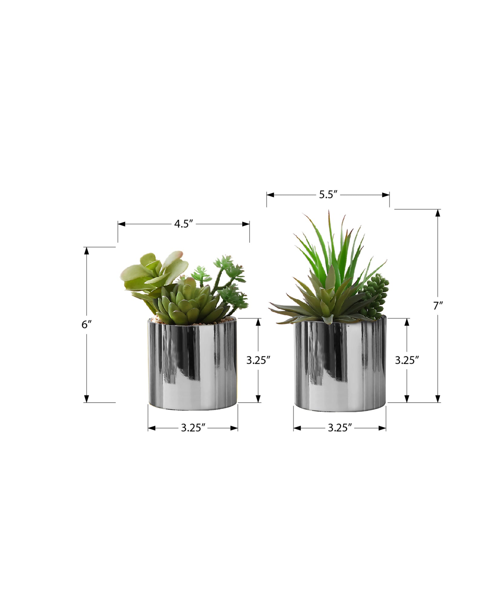 MN-P589550    Artificial Plant, 7" Tall, Succulent, Indoor, Faux, Fake, Table, Greenery, Potted, Set Of 2, Decorative, Green Plants, Chrome Pots