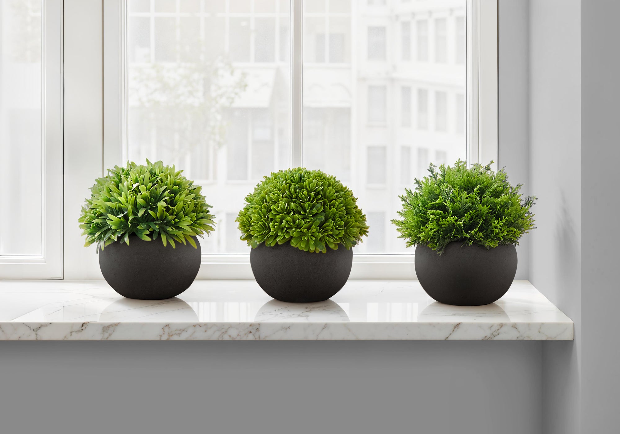 MN-Q599552    Artificial Plant, 5" Tall, Grass, Indoor, Faux, Fake, Table, Greenery, Potted, Set Of 3, Decorative, Green Plants, Black Pots