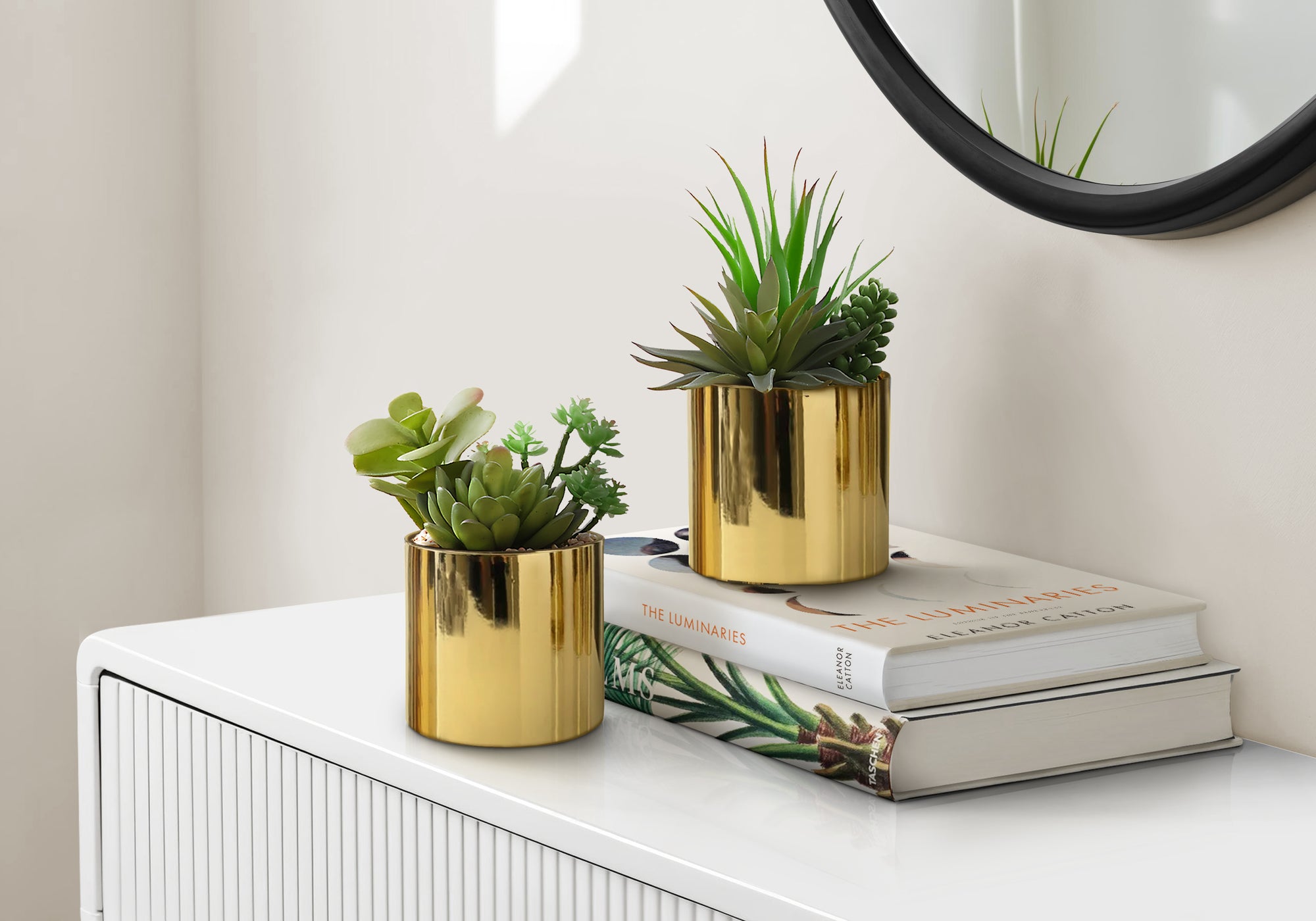 MN-P589553    Artificial Plant, 7" Tall, Succulent, Indoor, Faux, Fake, Table, Greenery, Potted, Set Of 2, Decorative, Green Plants, Glossy Gold Pots