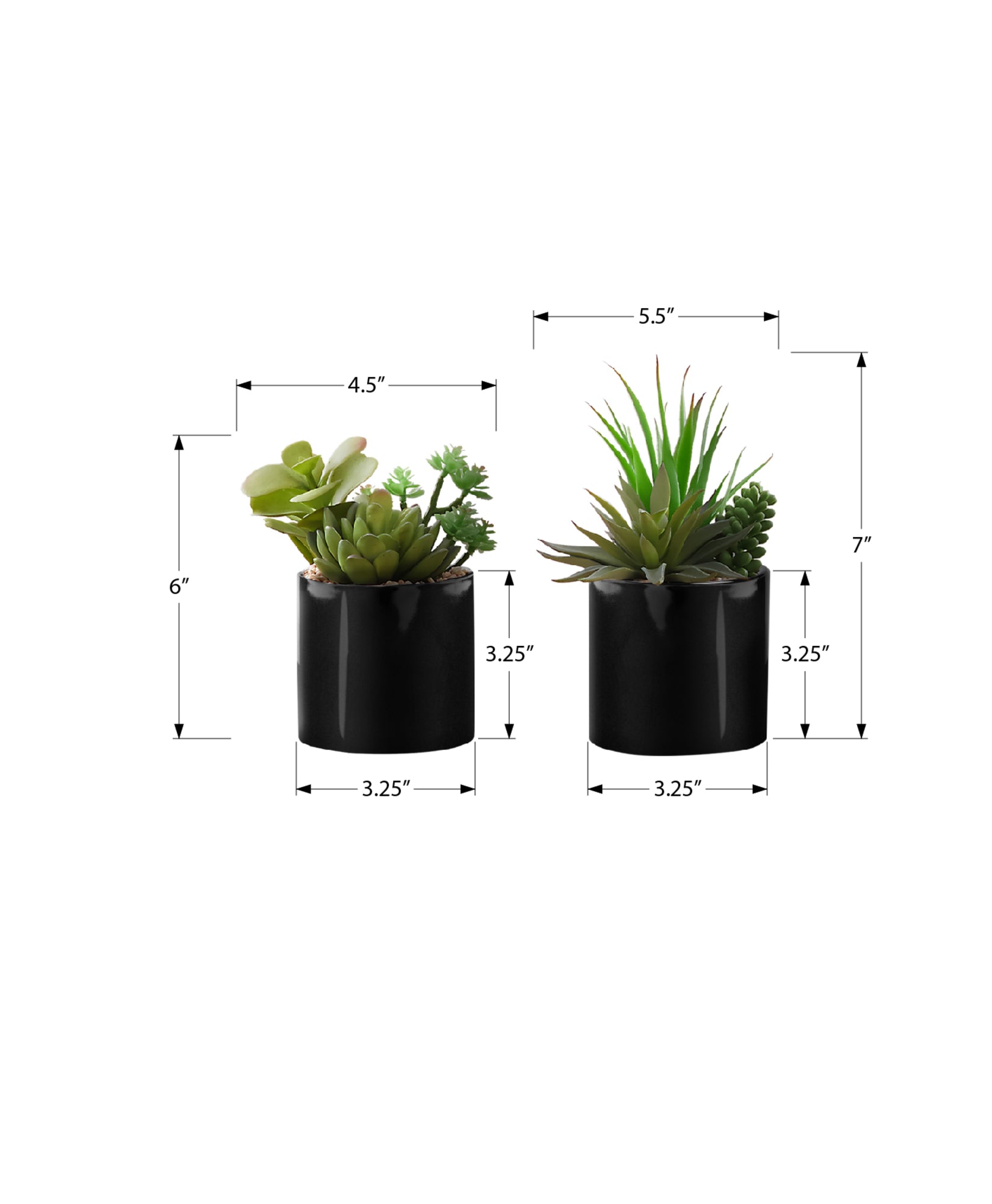 MN-P589554    Artificial Plant, 7" Tall, Succulent, Indoor, Faux, Fake, Table, Greenery, Potted, Set Of 2, Decorative, Green Plants, Glossy Black Pots
