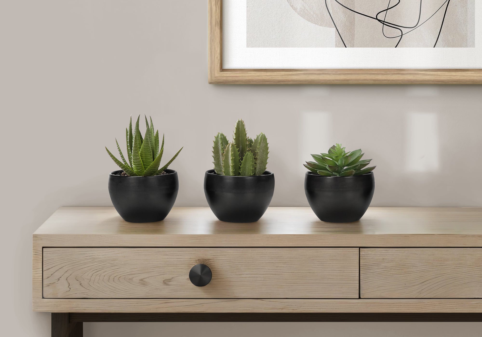 MN-649556    Artificial Plant, 6" Tall, Succulent, Indoor, Faux, Fake, Table, Greenery, Potted, Set Of 3, Decorative, Green Plants, Black Pots