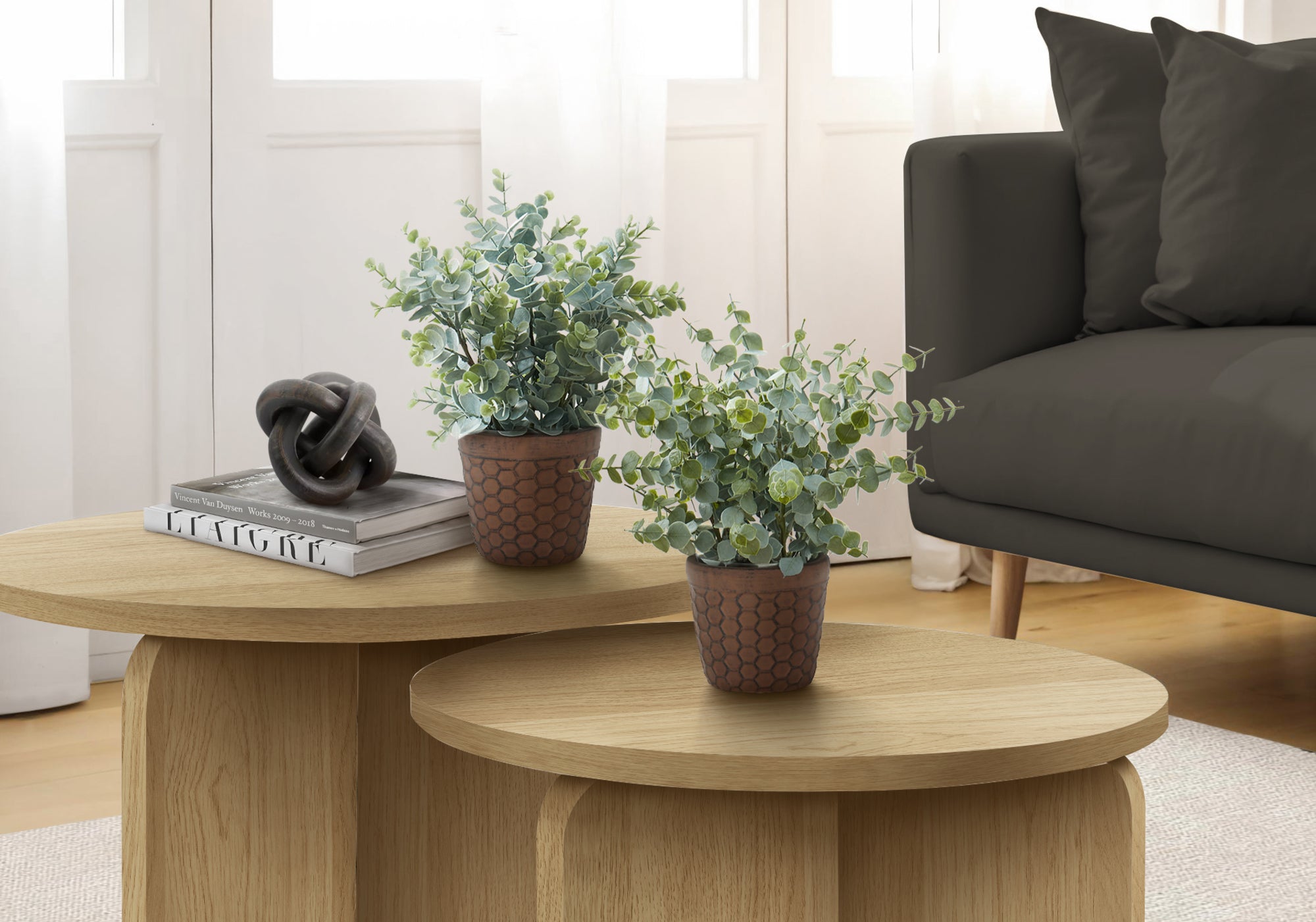 MN-689560    Artificial Plant, 13" Tall, Eucalyptus Grass, Indoor, Faux, Fake, Table, Greenery, Potted, Set Of 2, Decorative, Green Leaves, Brown Pots