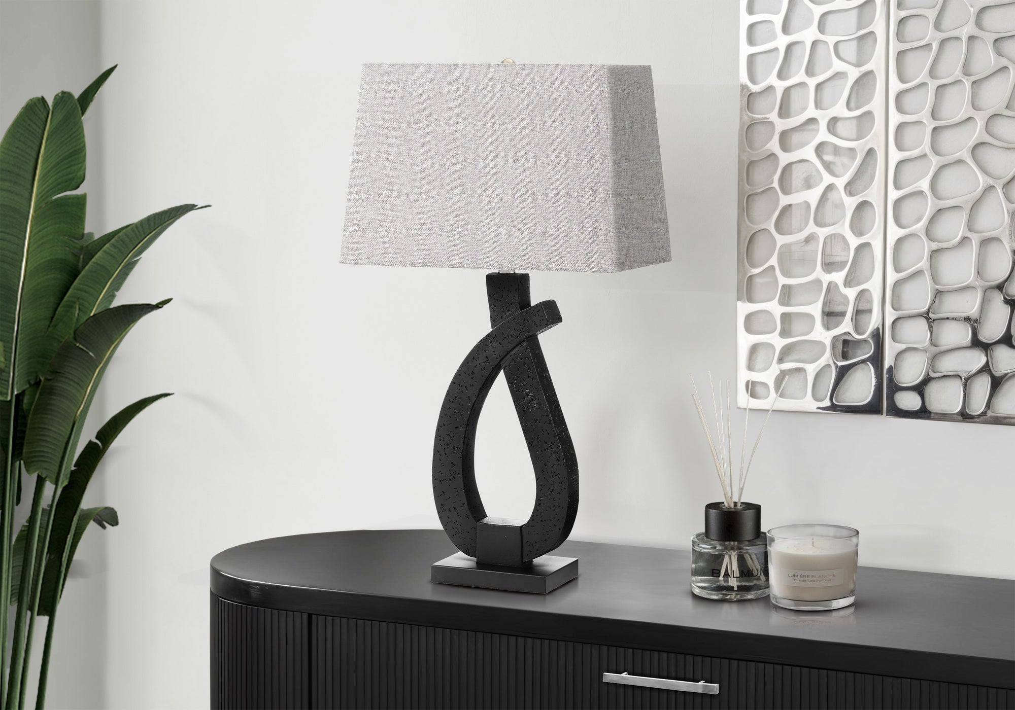 MN-599611    Lighting, 30"h, Table Lamp, Black Resin, Grey Shade, Contemporary