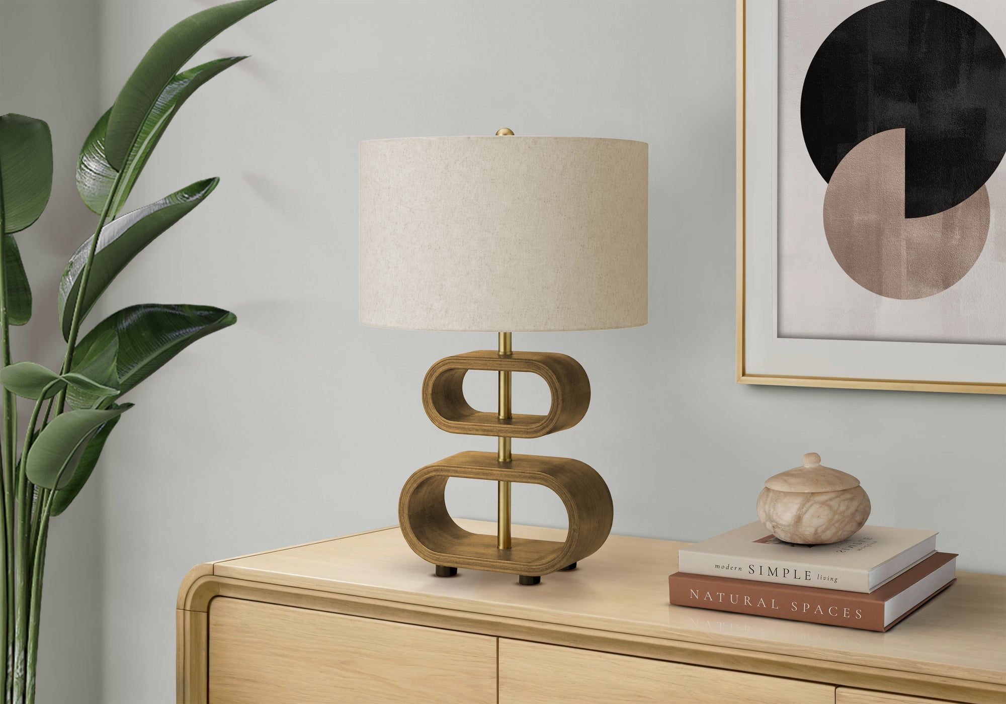MN-649616    Lighting, 20"h, Brown Wood Look, Beige Shade, Contemporary