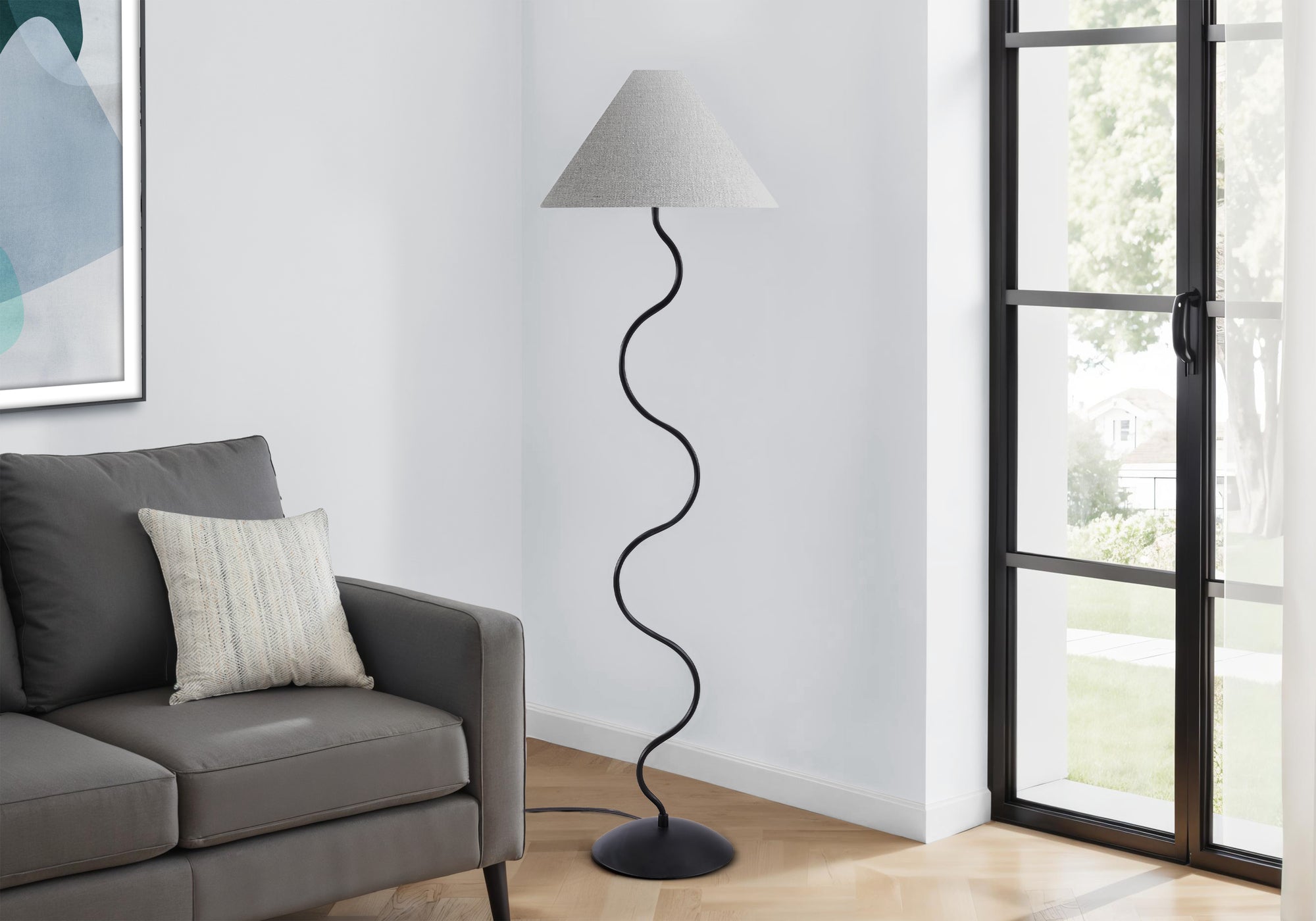 MN-W229627    Lighting, 64"h, Floor Lamp, Black Metal, Ivory / Cream Shade, Contemporary