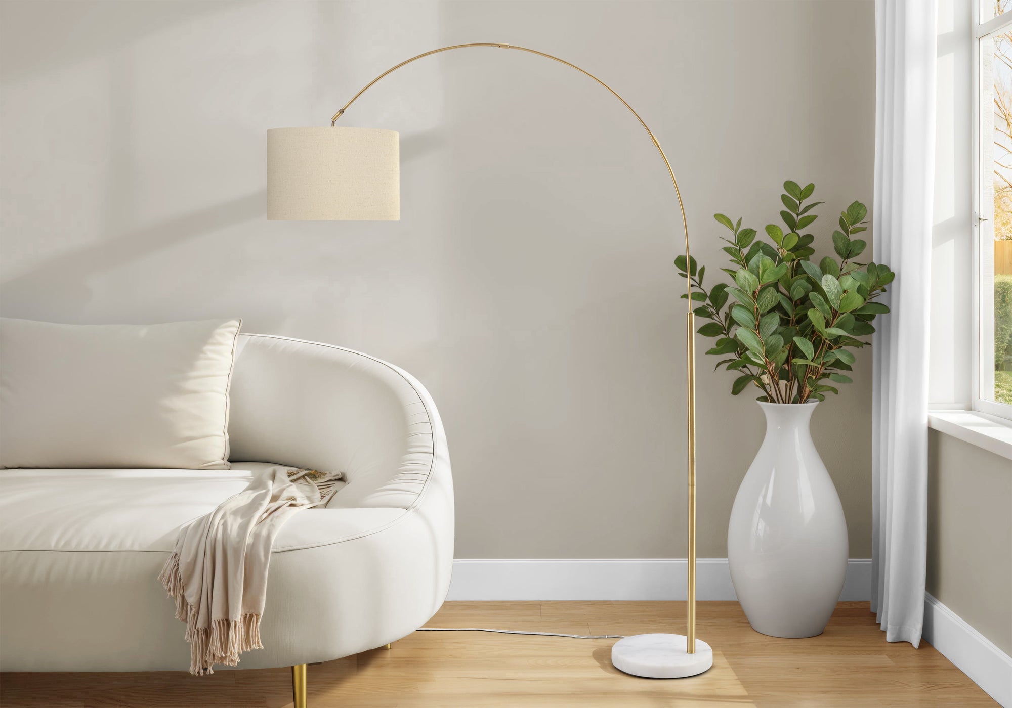 MN-359640    Lighting, 79"h, Floor Lamp, Brass Metal, Beige Shade, Contemporary