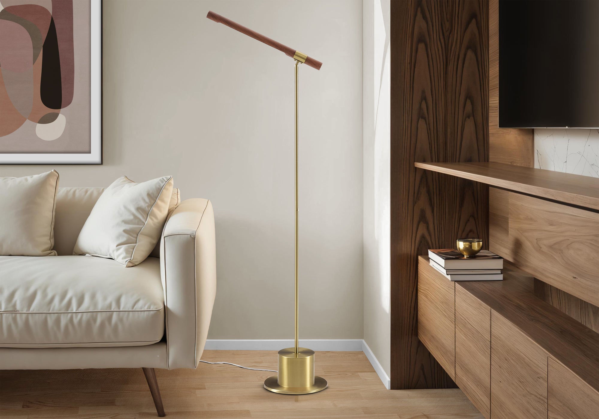 MN-V479652    Lighting, 65"h, Floor Lamp, Brass Metal, Wood-look Shade, Contemporary
