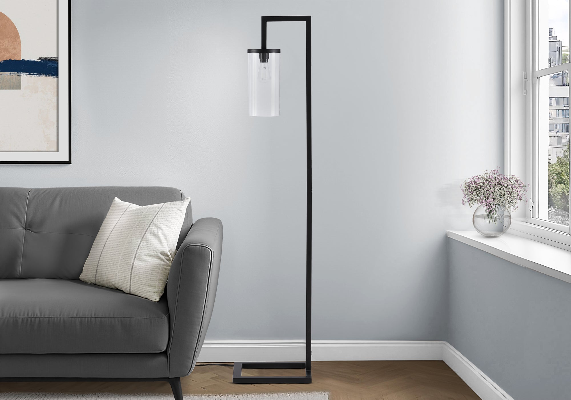 MN-R519656    Lighting, 68"h, Floor Lamp, Black Metal, Glass Shade, Contemporary