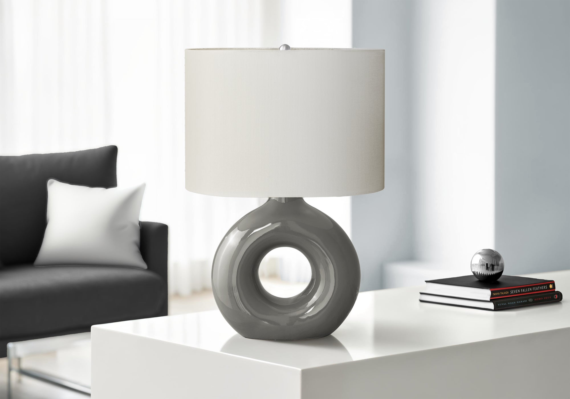 MN-U639667    Lighting, 24"H, Table Lamp, Dark Grey Ceramic, Ivory / Cream Shade, Contemporary