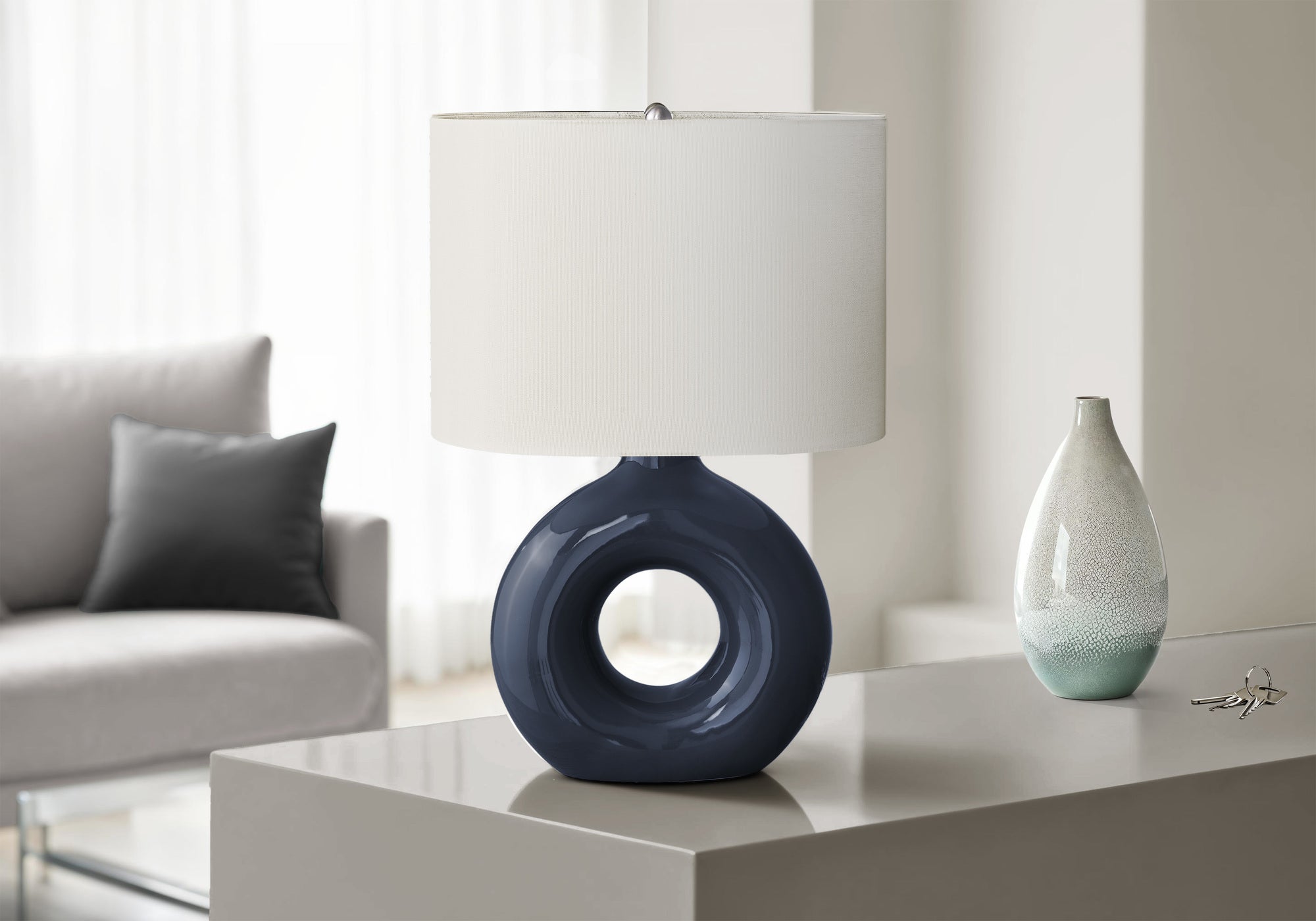 MN-U639670    Lighting, 24"H, Table Lamp, Blue Ceramic, Ivory / Cream Shade, Contemporary, Modern