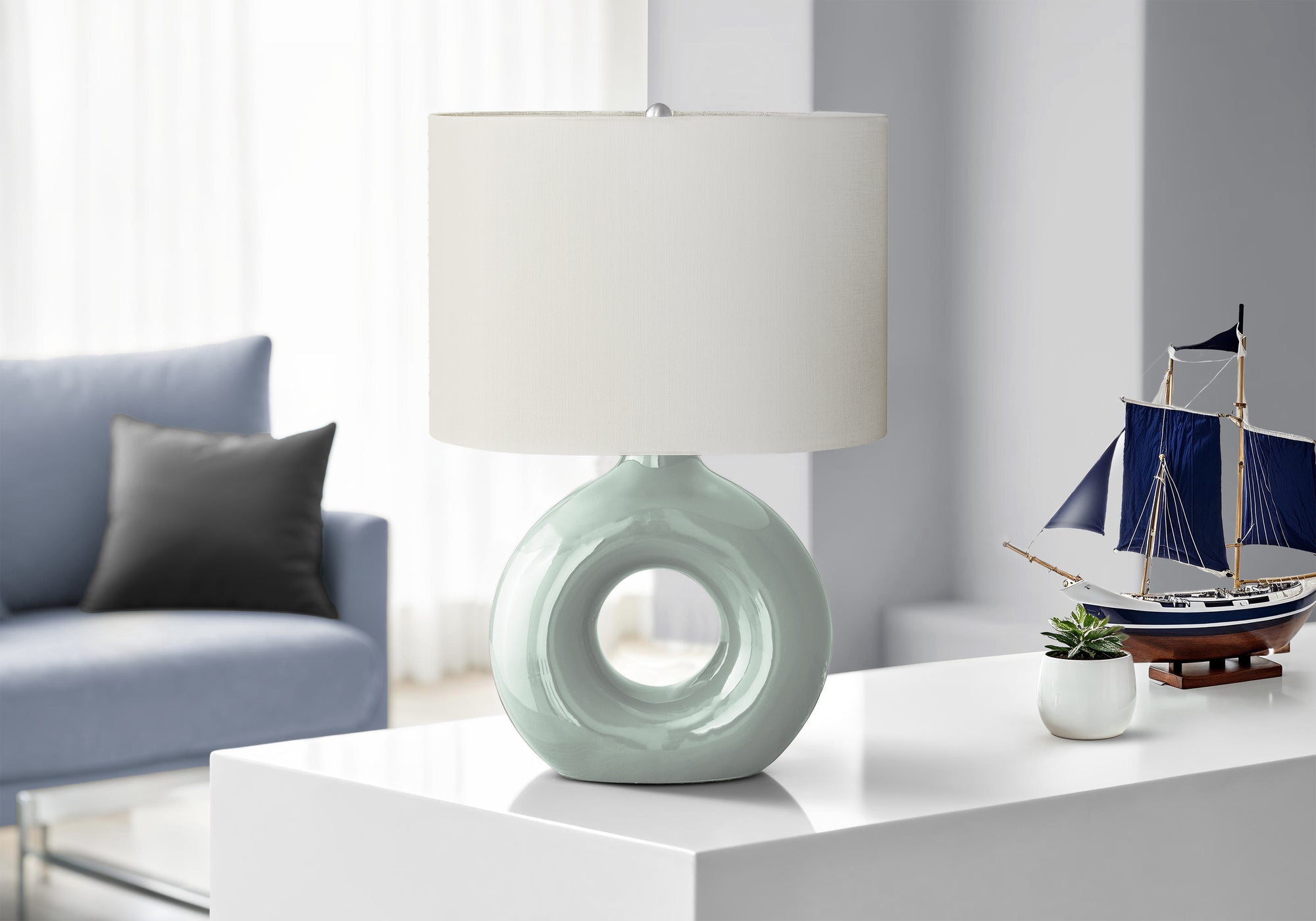 MN-U639671    Lighting, 24"H, Table Lamp, Green Ceramic, Ivory / Cream Shade, Contemporary, Modern