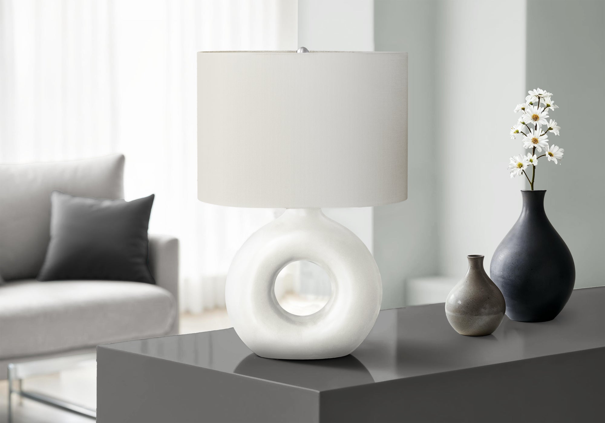 MN-U639672    Lighting, 24"H, Table Lamp, White Ceramic, Ivory / Cream Shade, Contemporary, Modern
