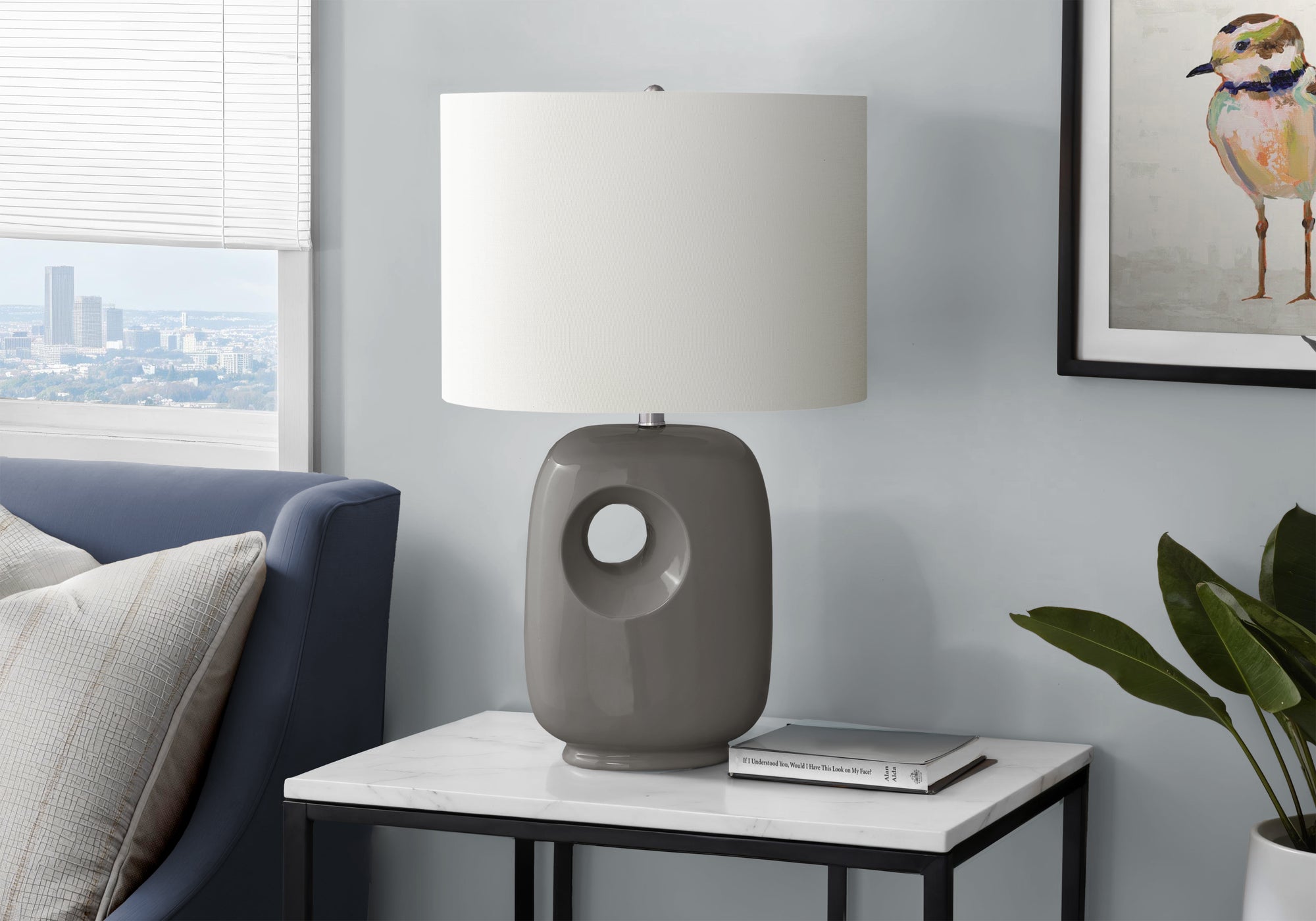 MN-U709674    Lighting, 26"H, Table Lamp, Dark Grey Ceramic, Ivory / Cream Shade, Contemporary
