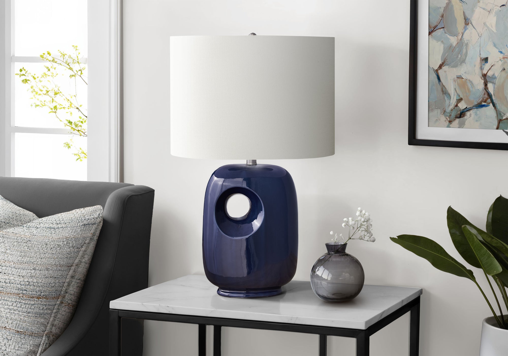 MN-U709677    Lighting, 26"H, Table Lamp, Blue Ceramic, Ivory / Cream Shade, Contemporary, Modern