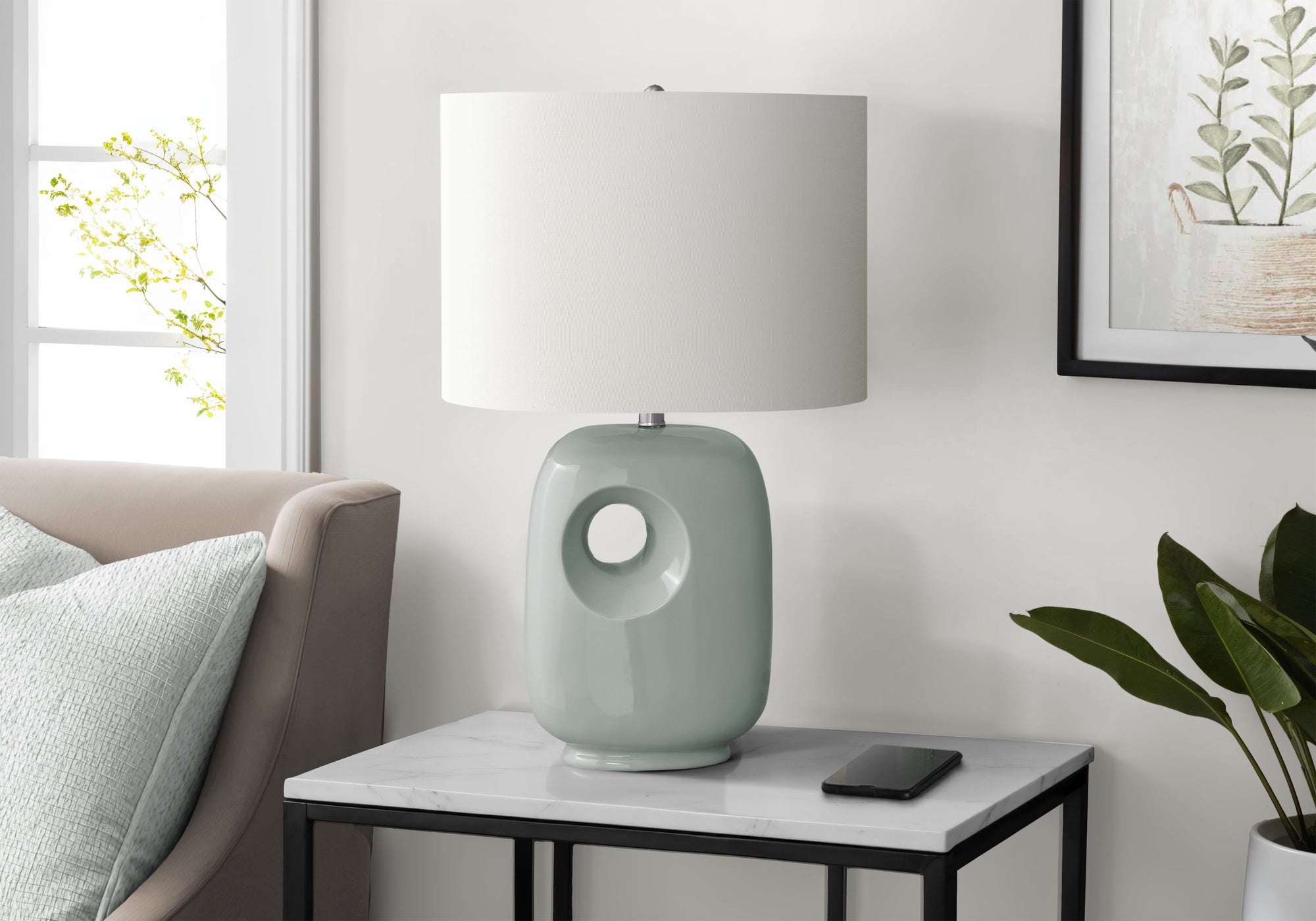 MN-U709678    Lighting, 26"H, Table Lamp, Green Ceramic, Ivory / Cream Shade, Contemporary, Modern