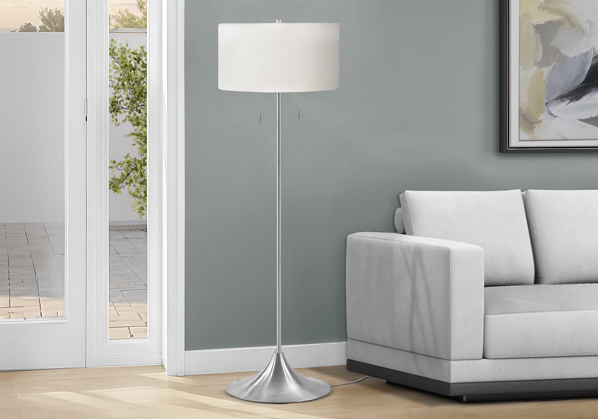 MN-E769681    Lighting, 61"h, Floor Lamp, Silver Metal, Ivory / Cream Shade, Contemporary