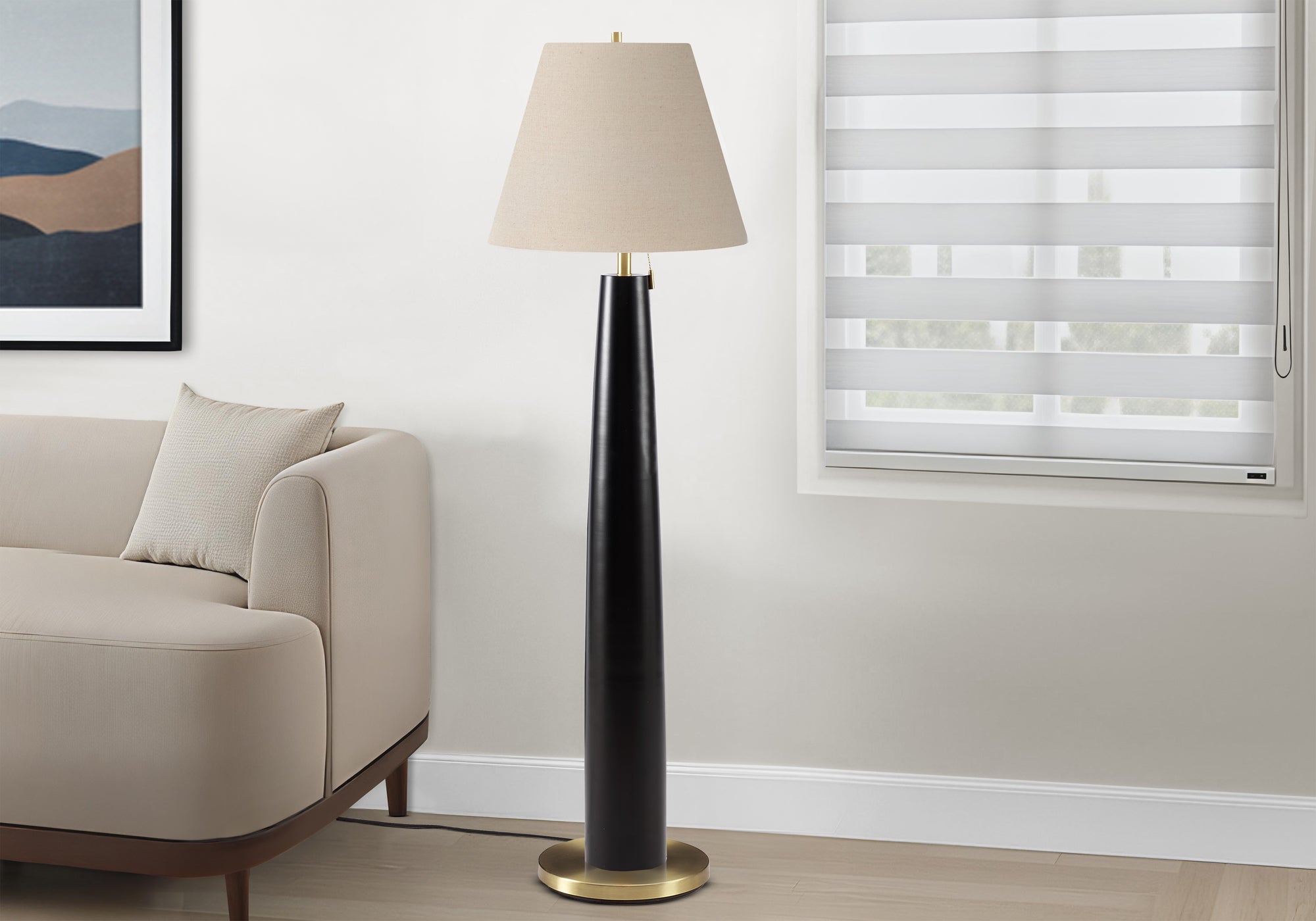MN-789683    Lighting, 62"h, Floor Lamp, Black Metal, Beige Shade, Contemporary