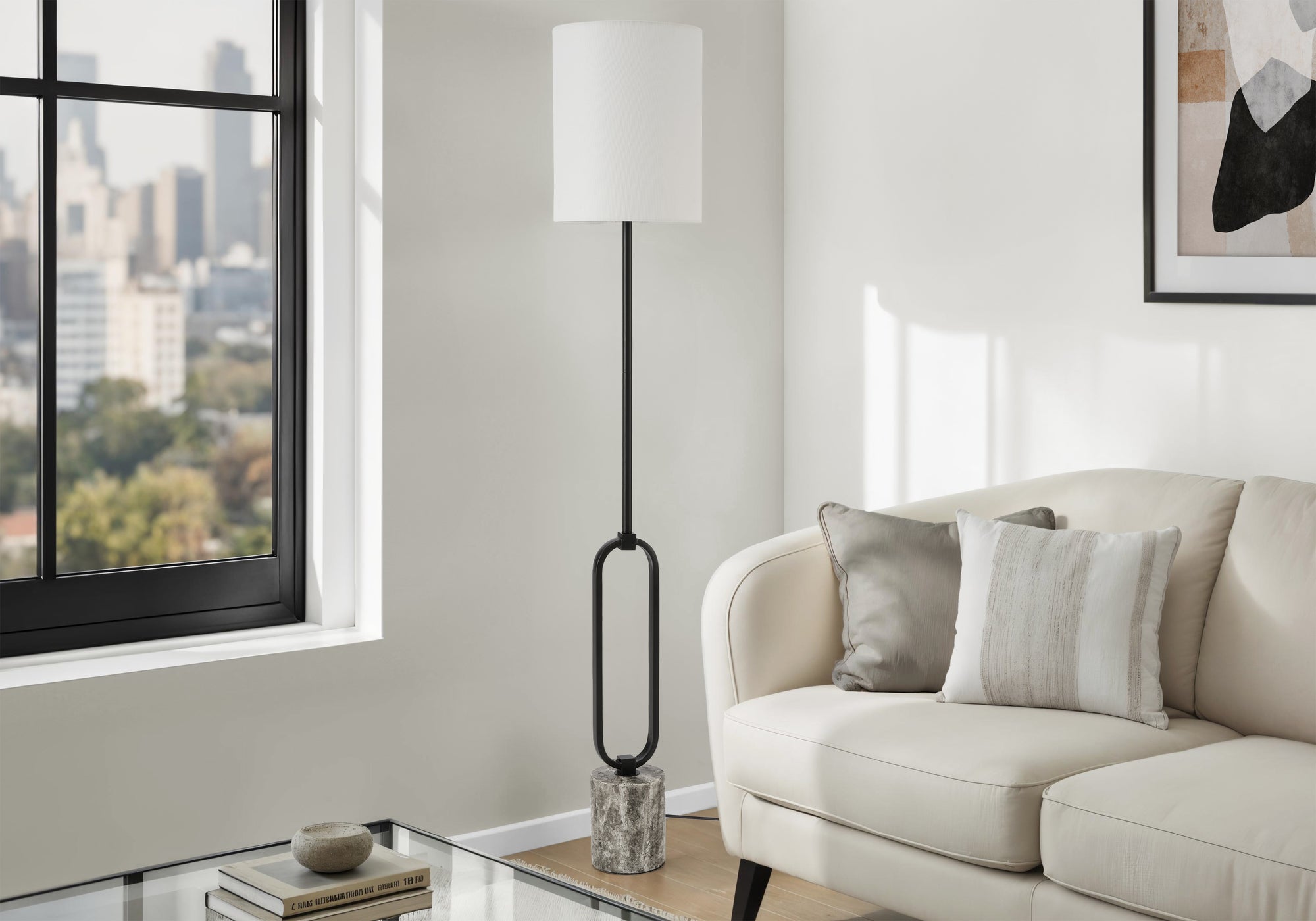 MN-429686    Lighting, 64"h, Floor Lamp, Black Metal, Ivory / Cream Shade, Contemporary