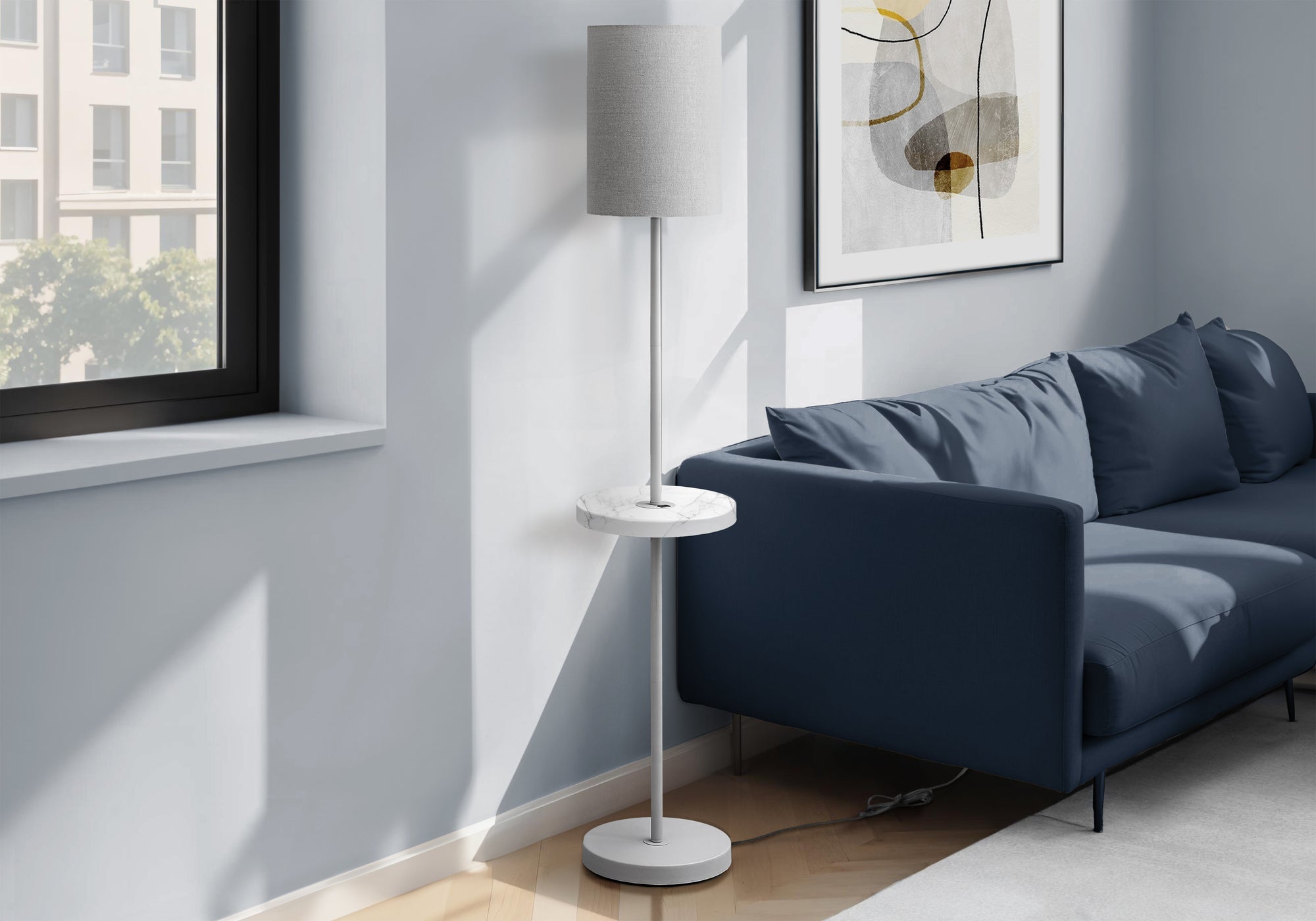 MN-B369692    Lighting, 62"H, Floor Lamp, Usb Port Included, Grey Metal, White Marble, Contemporary, Modern