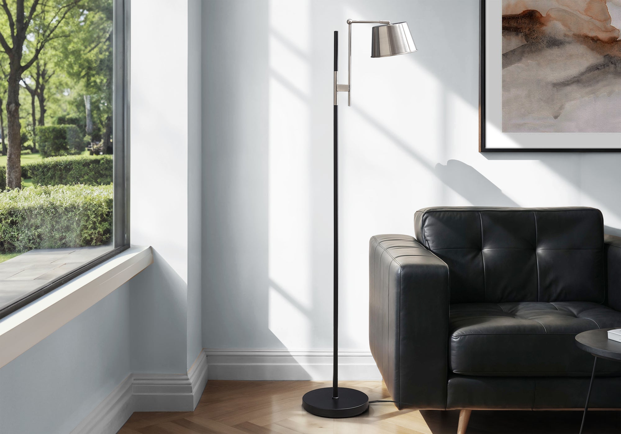 MN-809693    Lighting, 65"H, Floor Lamp, Black Metal, Nickel Shade, Contemporary