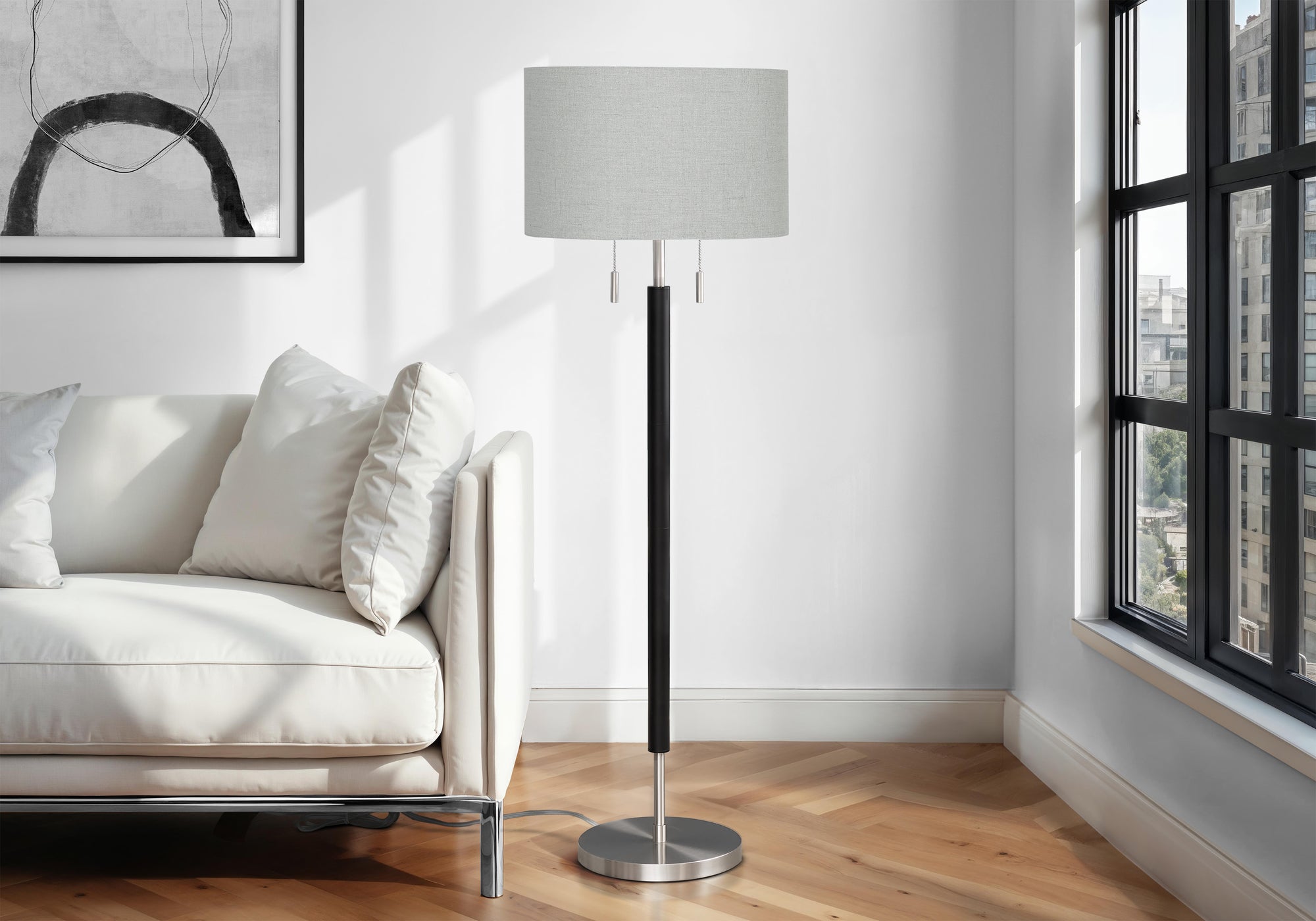 MN-369748    Lighting, 60"H, Floor Lamp, Nickel Metal, Grey Shade, Contemporary