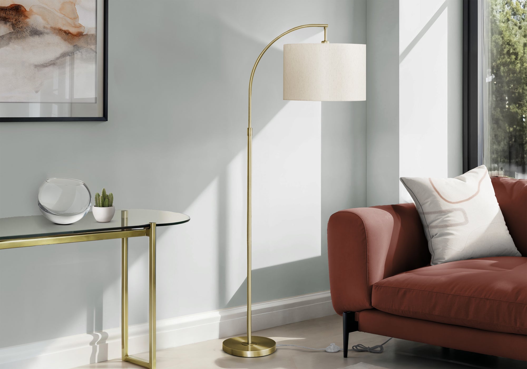 MN-B509750    Lighting, 65"H, Floor Lamp, Brass Metal, Ivory / Cream Shade, Contemporary