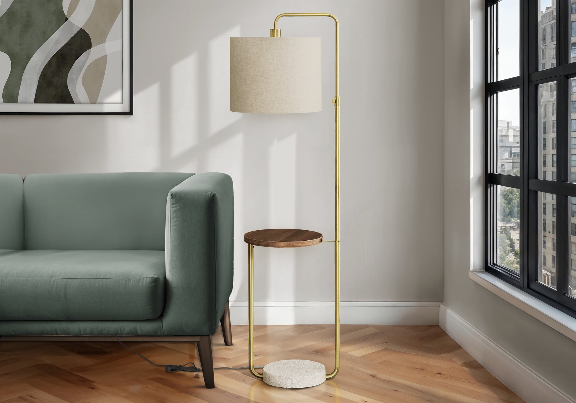 MN-B549754    Lighting, 67"H, Floor Lamp, Usb Port Included, Brass Metal, Beige Shade, Contemporary