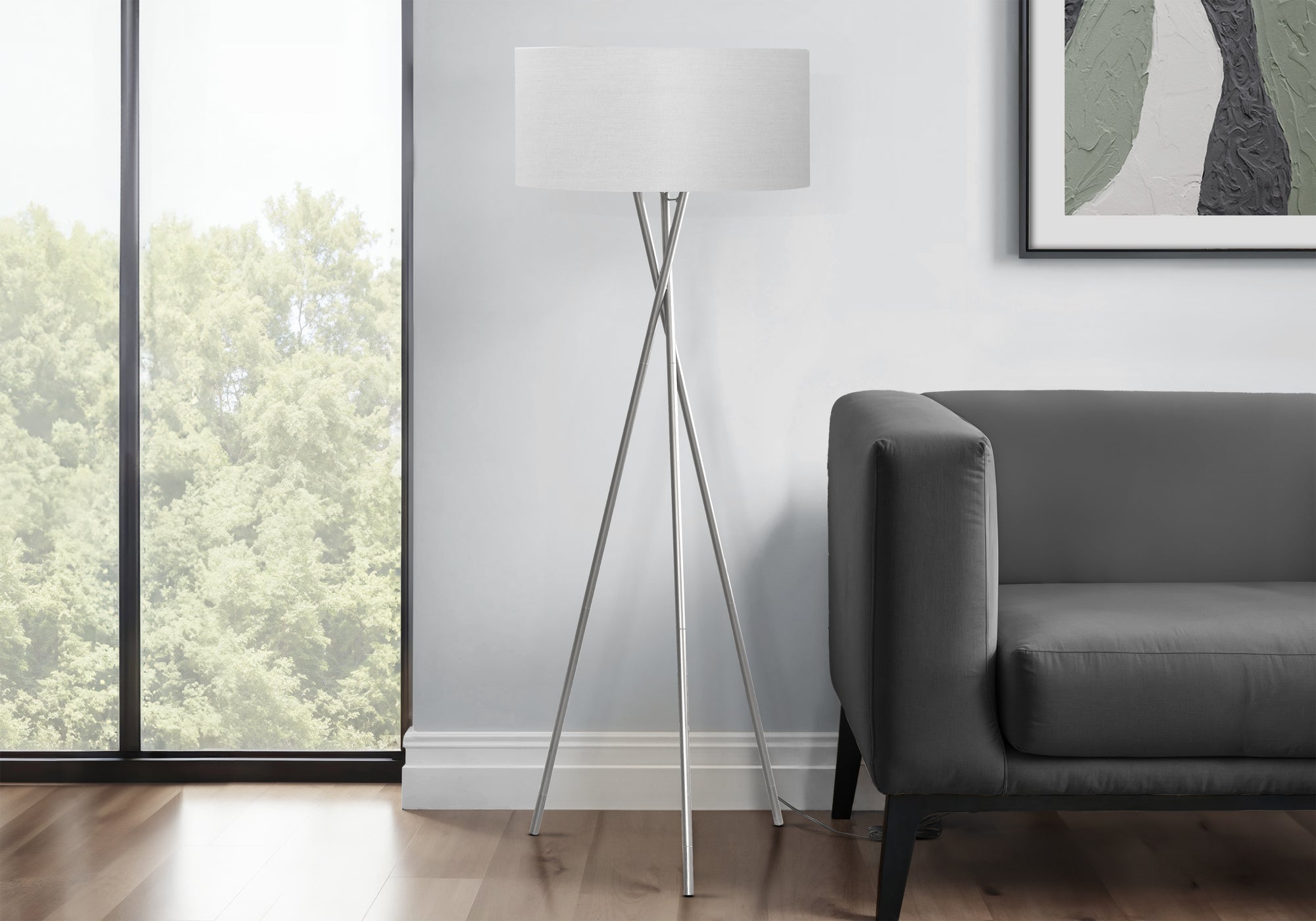 MN-B43957    Lighting, 62"H, Floor Lamp, Nickel Metal, Grey Shade, Contemporary