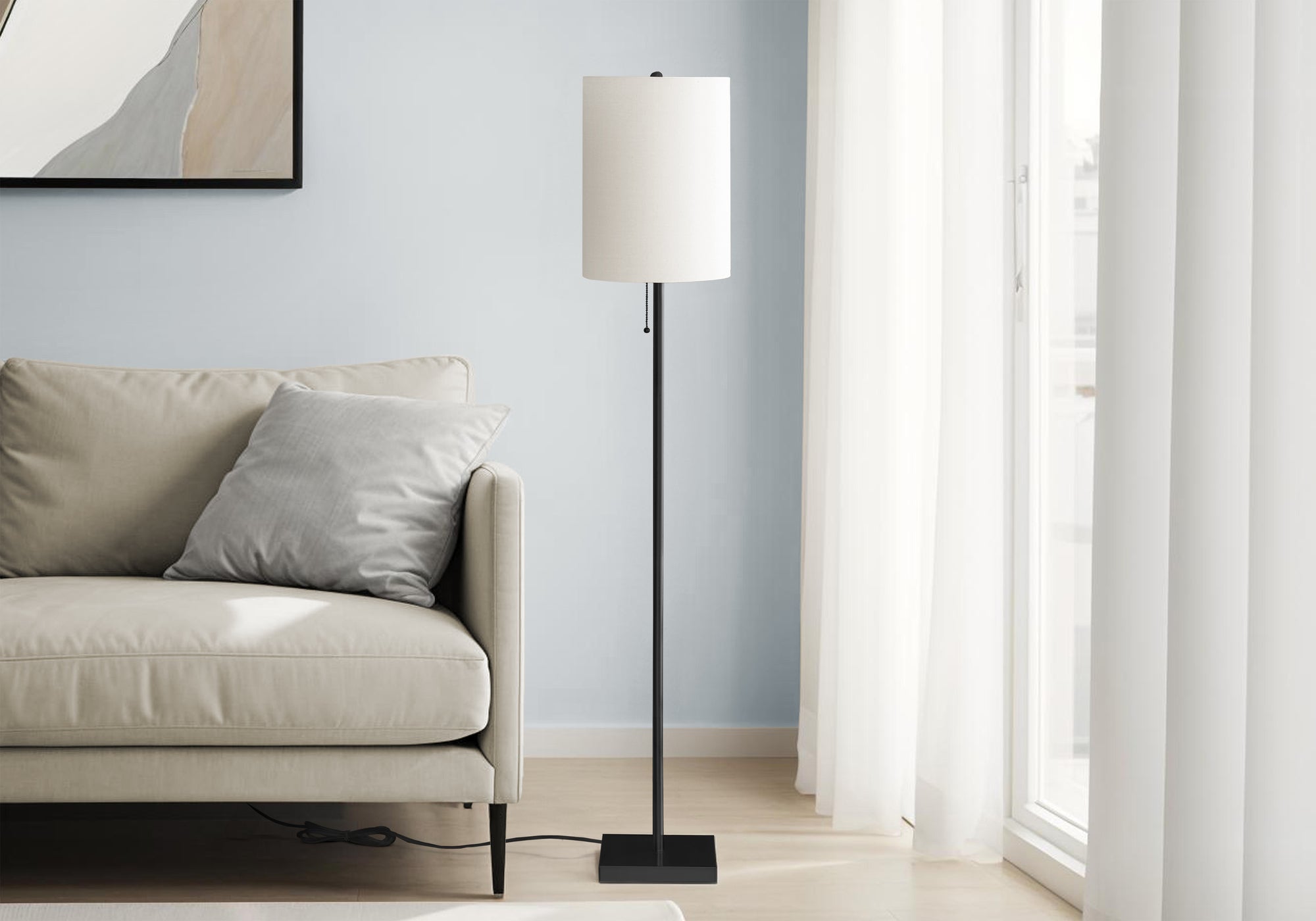 MN-D269758    Lighting, 62"H, Floor Lamp, Black Metal, Ivory / Cream Shade, Contemporary