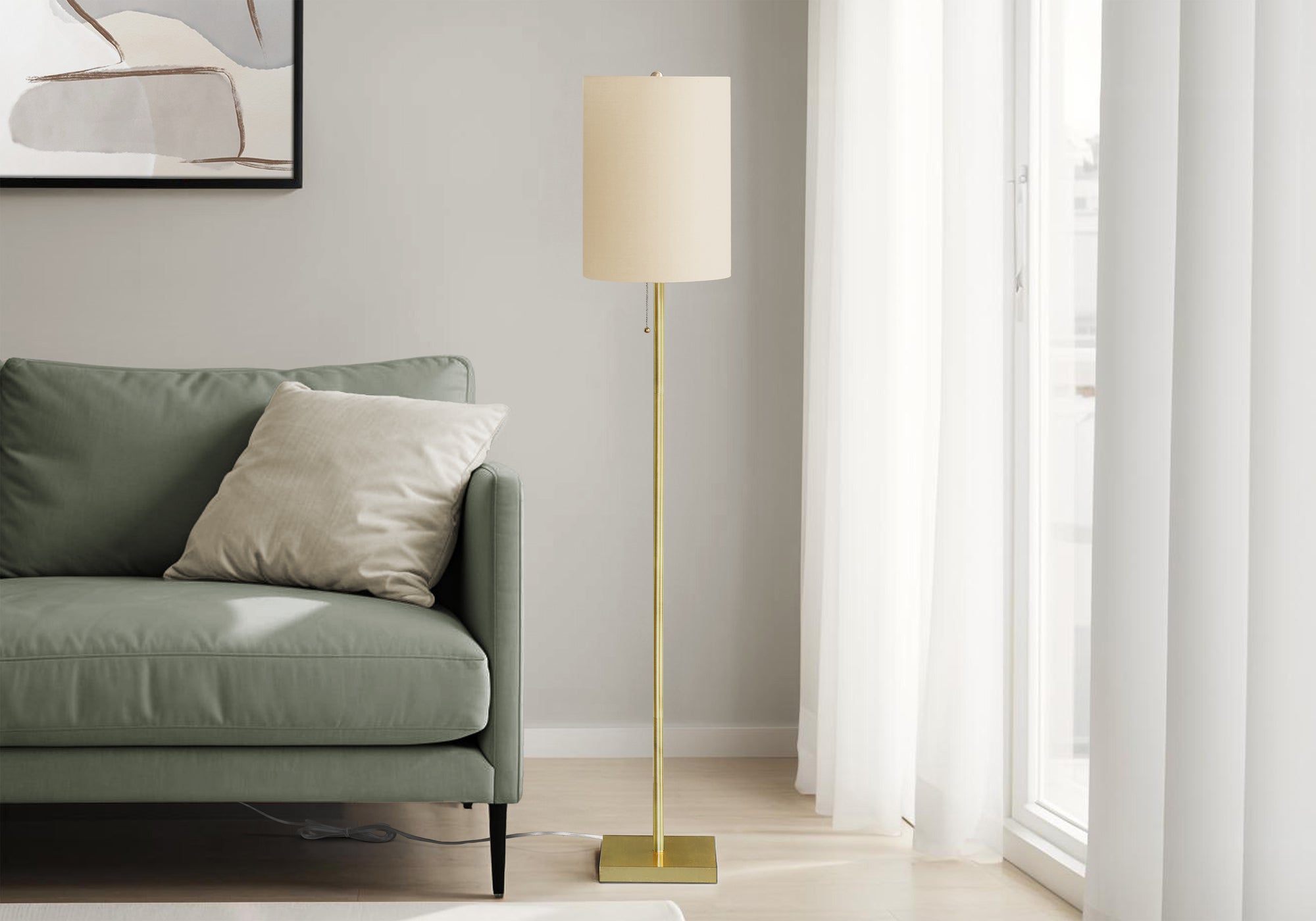 MN-469759    Lighting, 62"H, Floor Lamp, Brass Metal, Ivory / Cream Shade, Contemporary