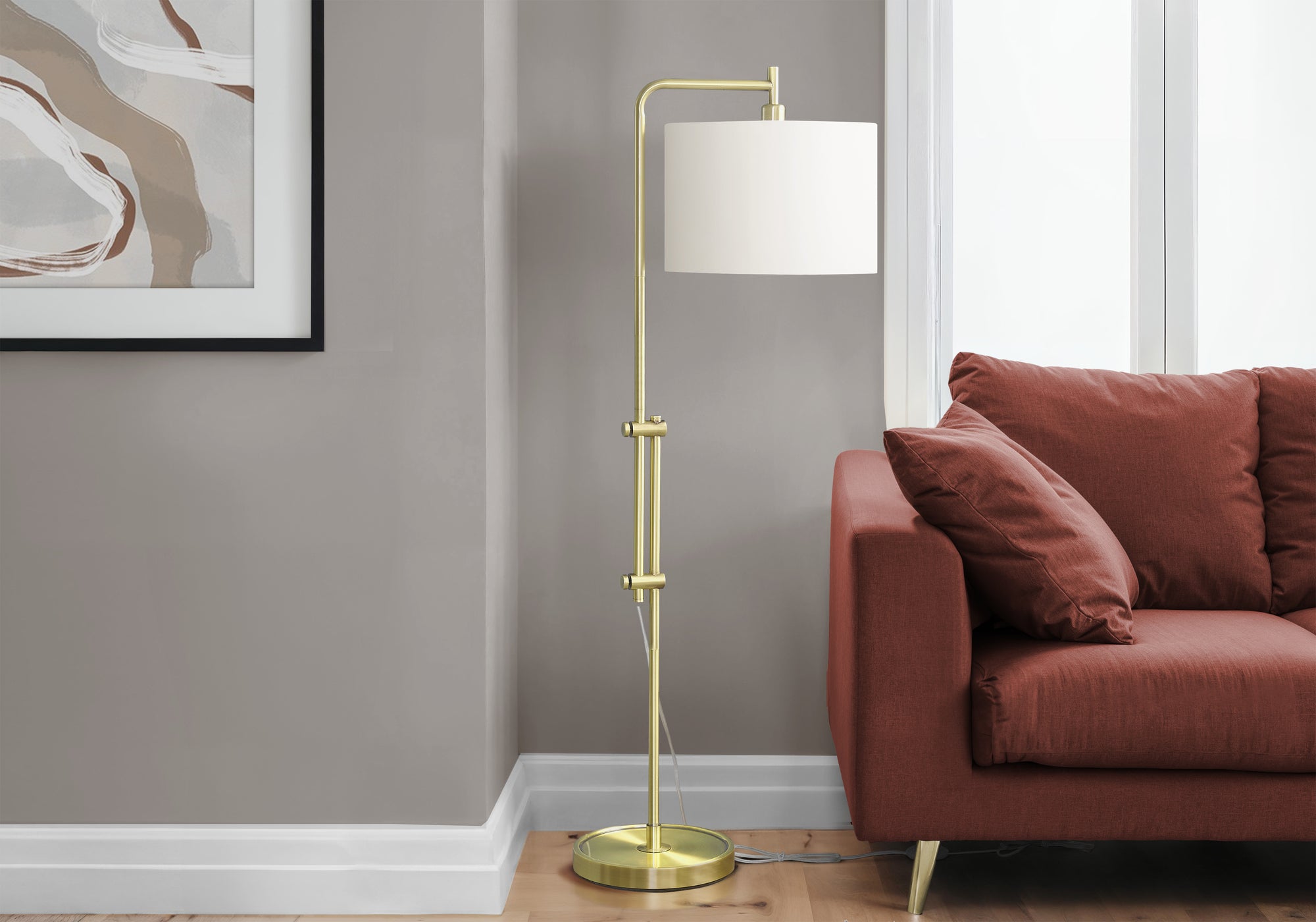 MN-B469761    Lighting, 63"H, Floor Lamp, Brass Metal, Ivory / Cream Shade, Contemporary