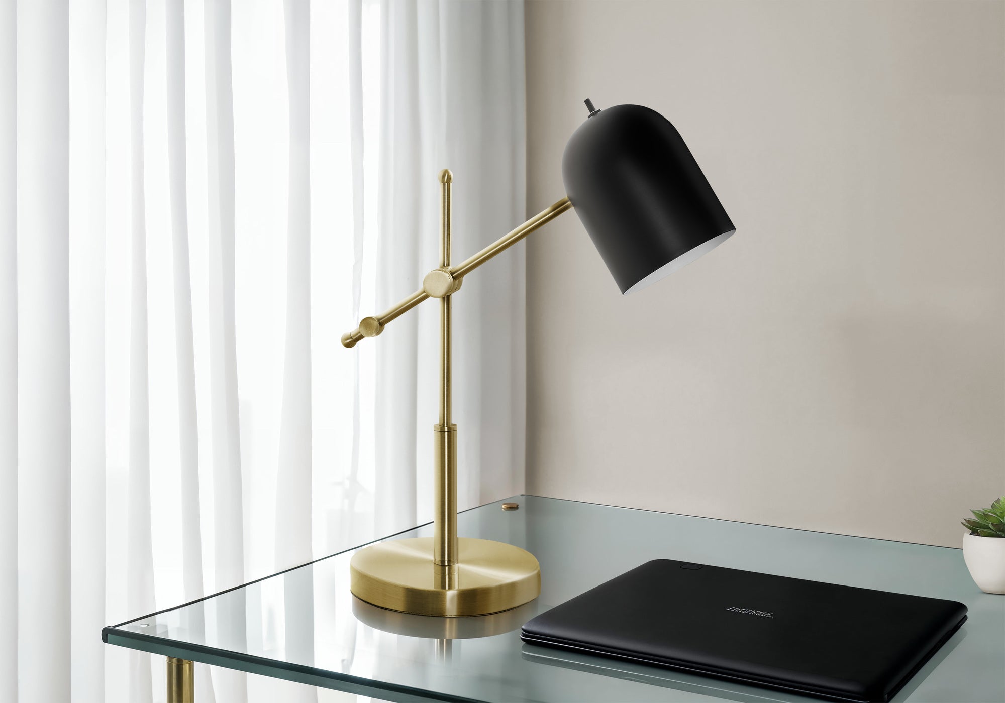 MN-539766    Lighting, 18"H, Table Lamp, Brass Metal, Black Shade, Contemporary