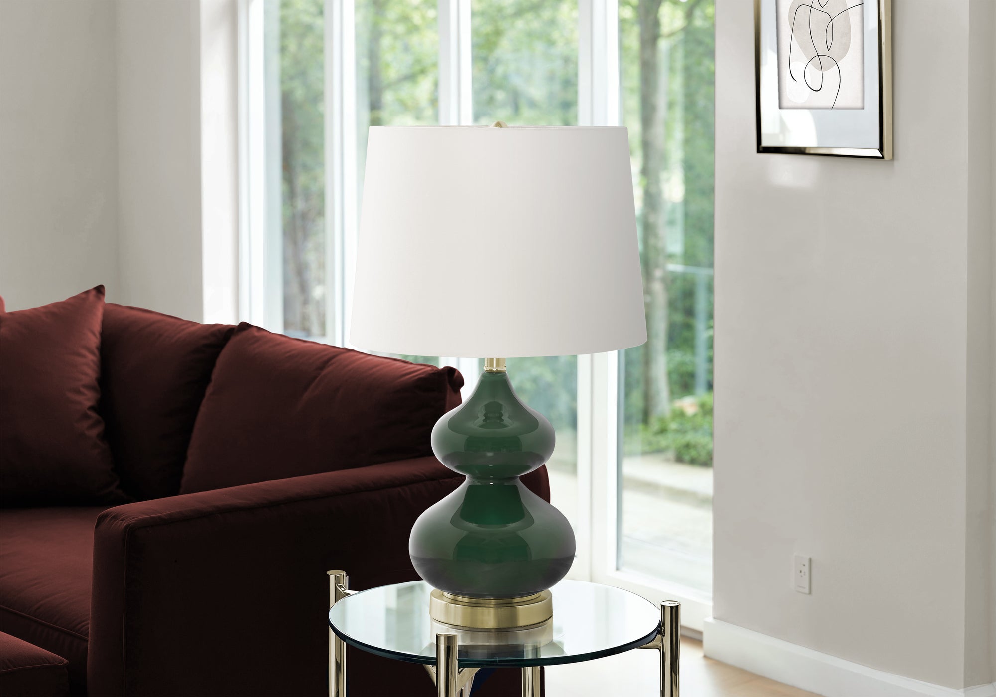 MN-D289768    Lighting, 24"H, Table Lamp, Green Glass, Ivory / Cream Shade, Contemporary