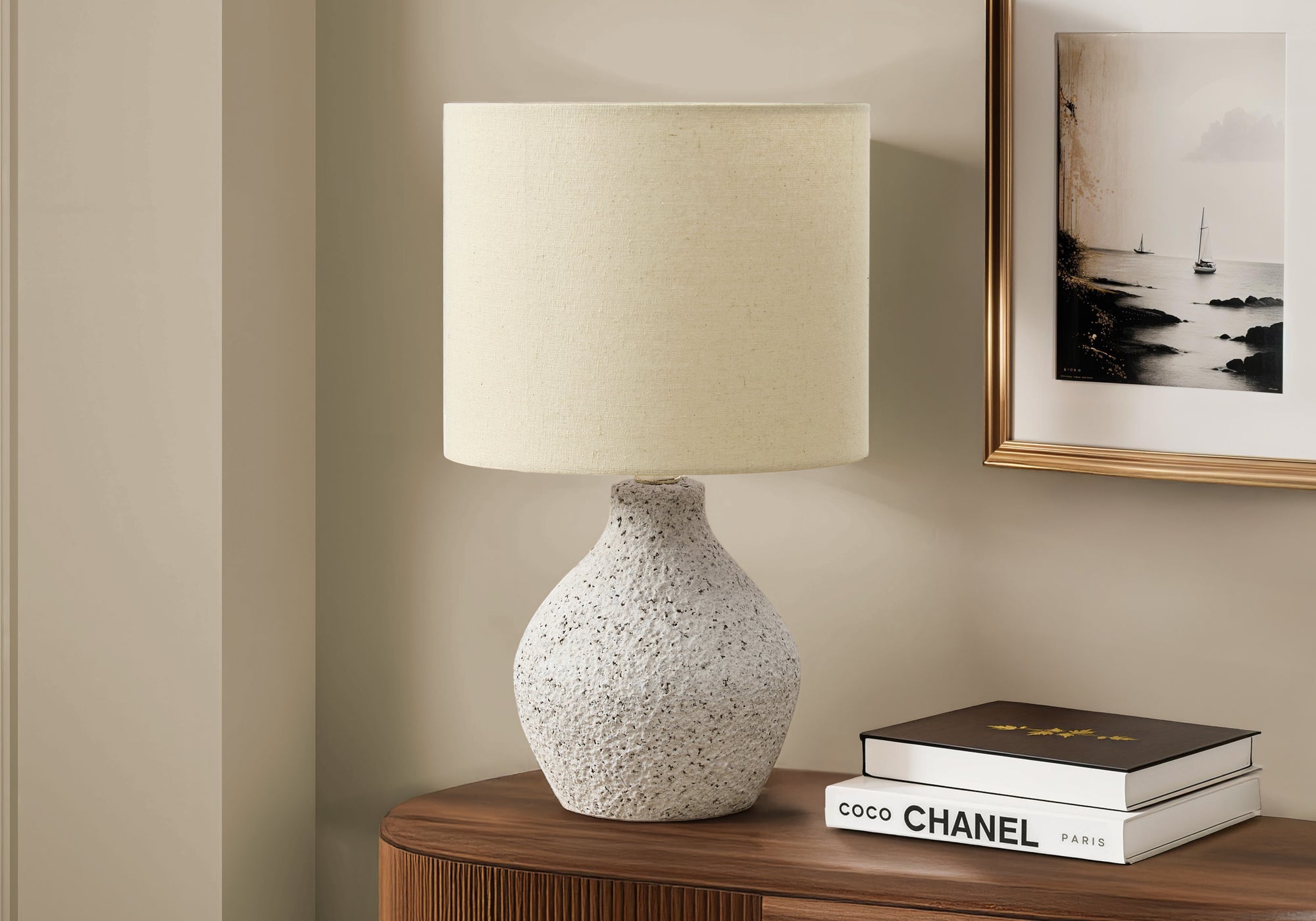 MN-D109770    Lighting, 16"H, Table Lamp, Beige Resin, Beige Shade, Contemporary