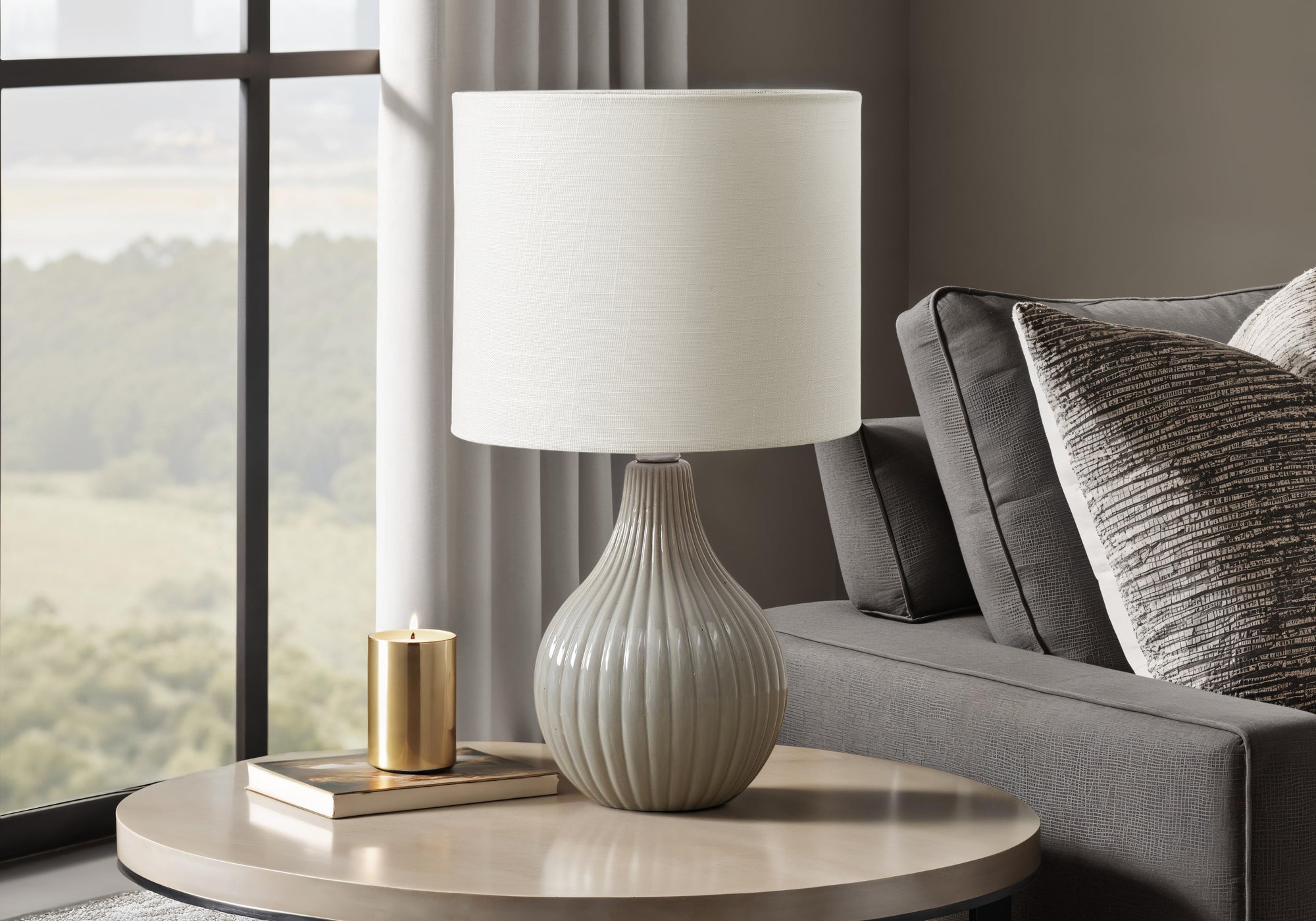 MN-D019774    Lighting, 17"H, Table Lamp, Grey Ceramic, Ivory / Cream Shade, Contemporary